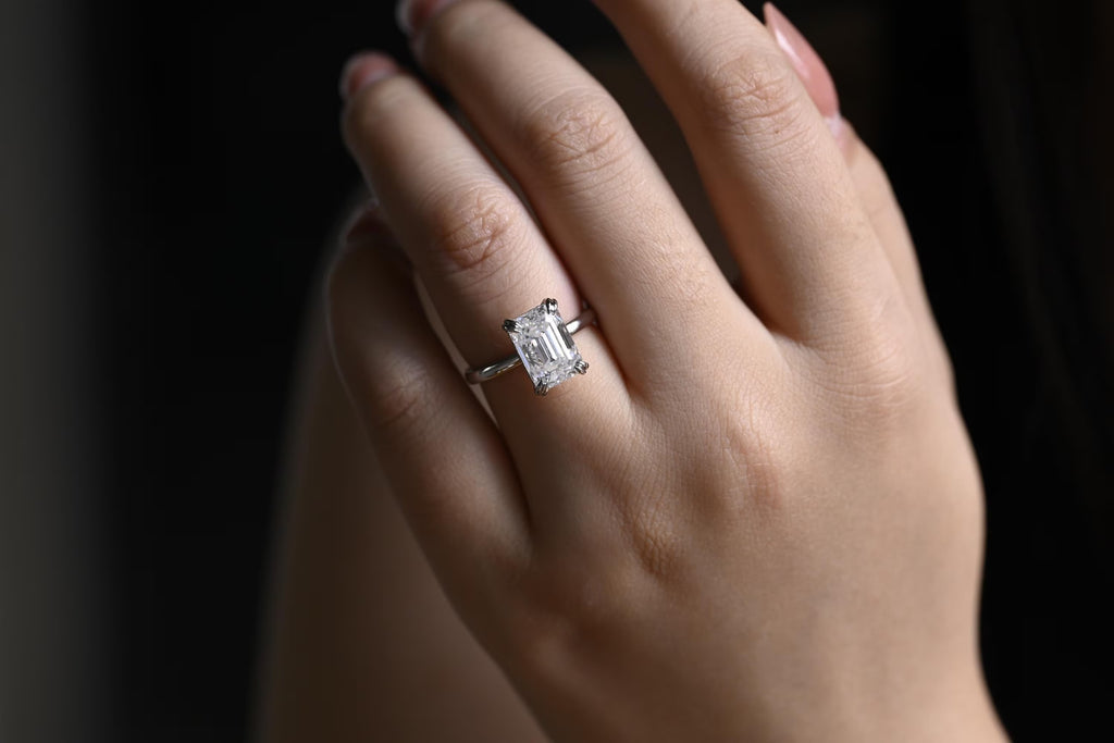 Solid Gold Double Prongs Emerald Cut Moissanite Engagement Ring, Promise Ring