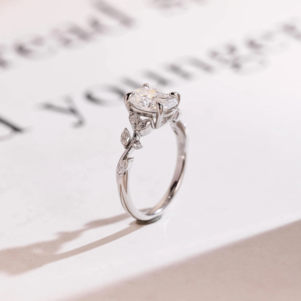 Solid Gold Oval Cut Moissanite Engagement Ring, Dainty Leaf Ring