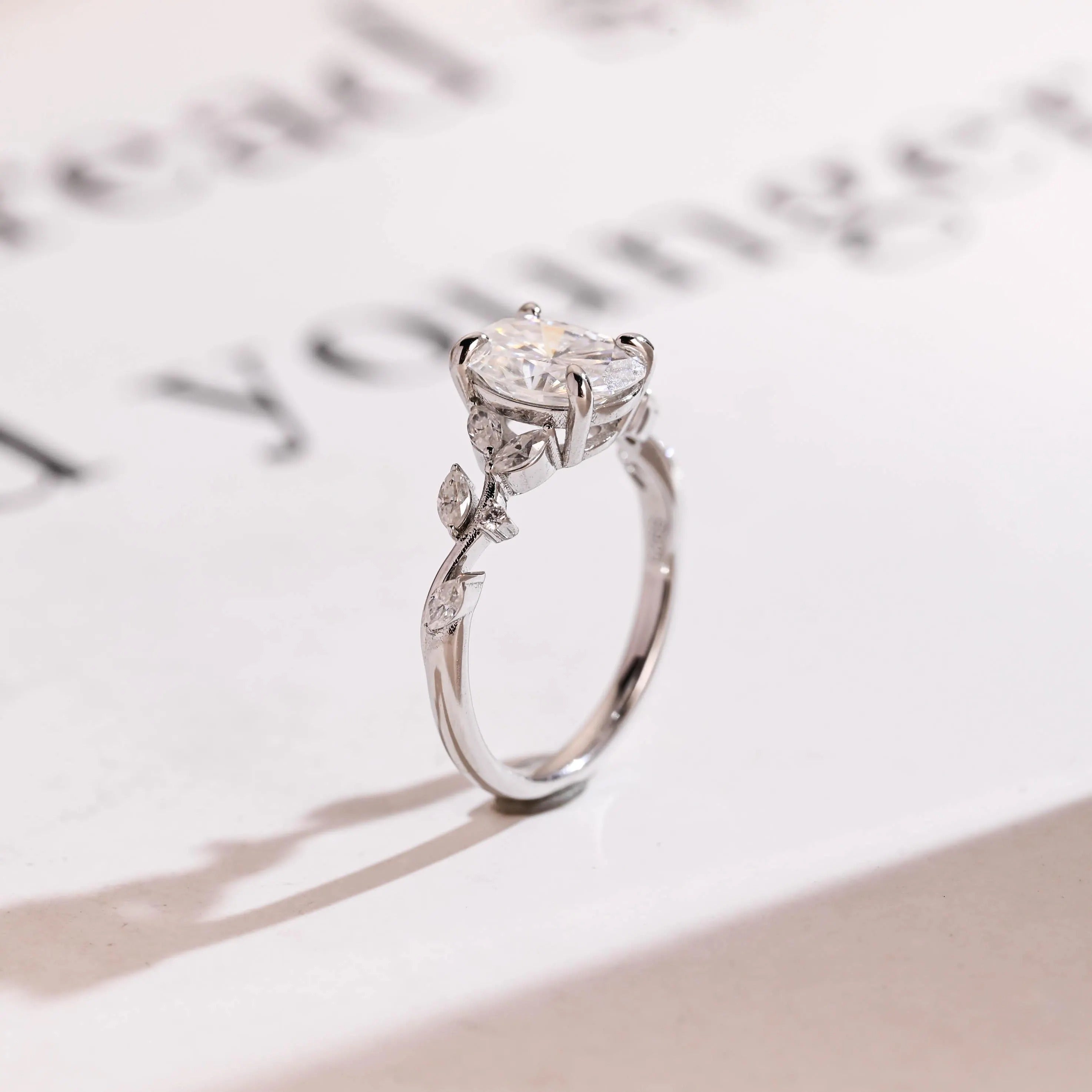 Solid Gold Oval Cut Moissanite Engagement Ring, Dainty Leaf Ring