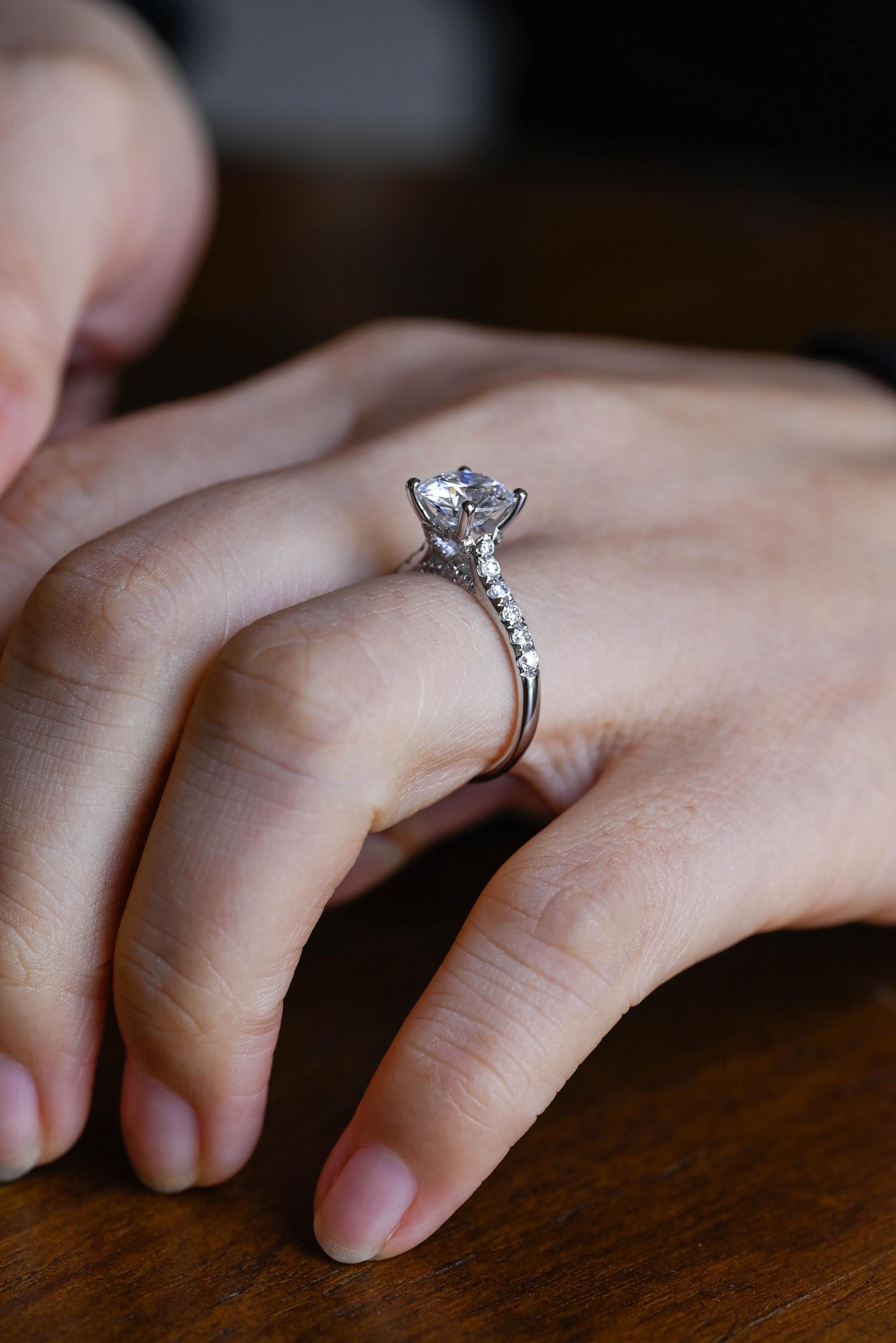 Solid Gold Hidden Halo Round Moissanite Engagement Ring, Half Eternity Promise Ring