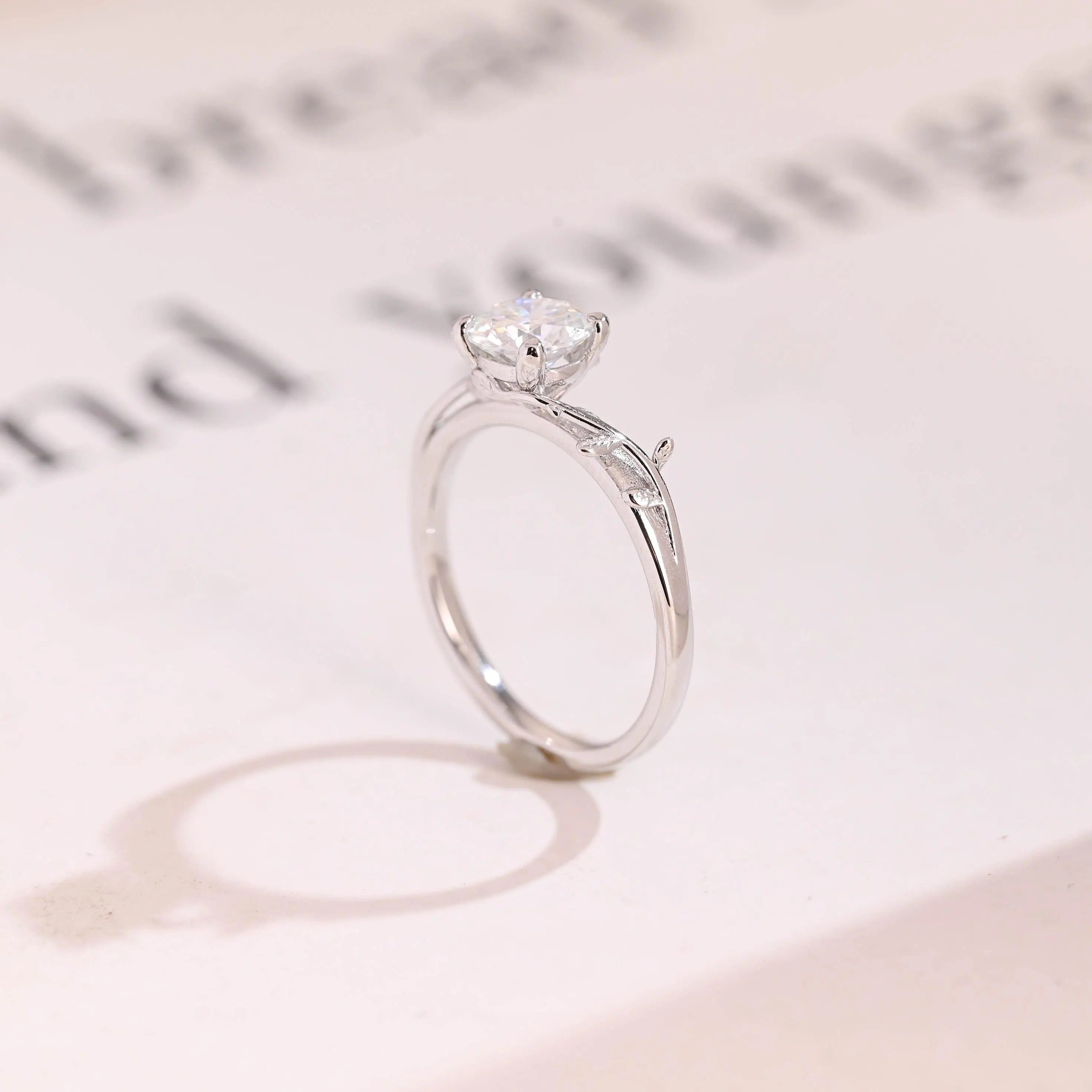 Solid Gold Round Moissanite Engagement Ring, Nature Inspired Proposal Ring Secondary image