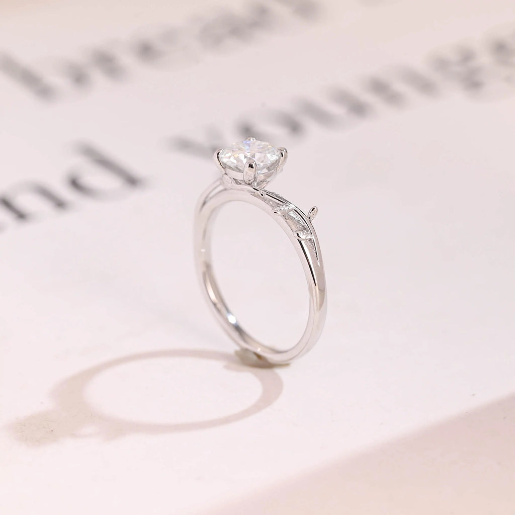 Solid Gold Round Moissanite Engagement Ring, Nature Inspired Proposal Ring
