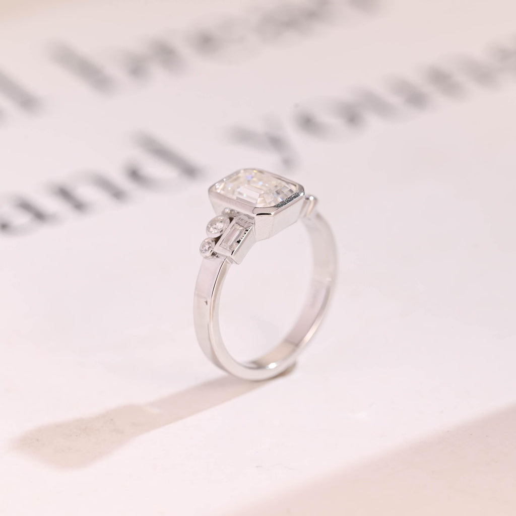 Solid Gold Bezel Emerald Cut Moissanite Engagement Ring, Dainty Cluster Promise Ring