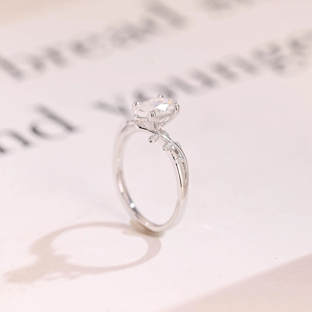 Solid Gold Leaf Ring, Marquise Moissanite Engagement Ring, Proposal Ring