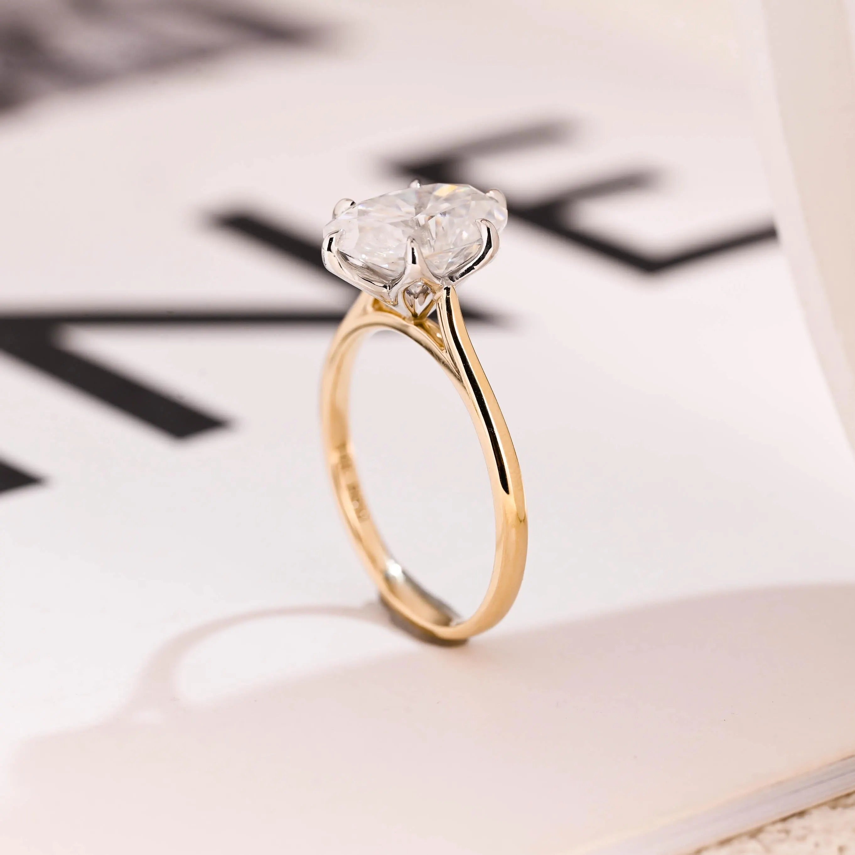 Solid Gold Oval Moissanite Engagement Ring, Six Prongs Promise Ring