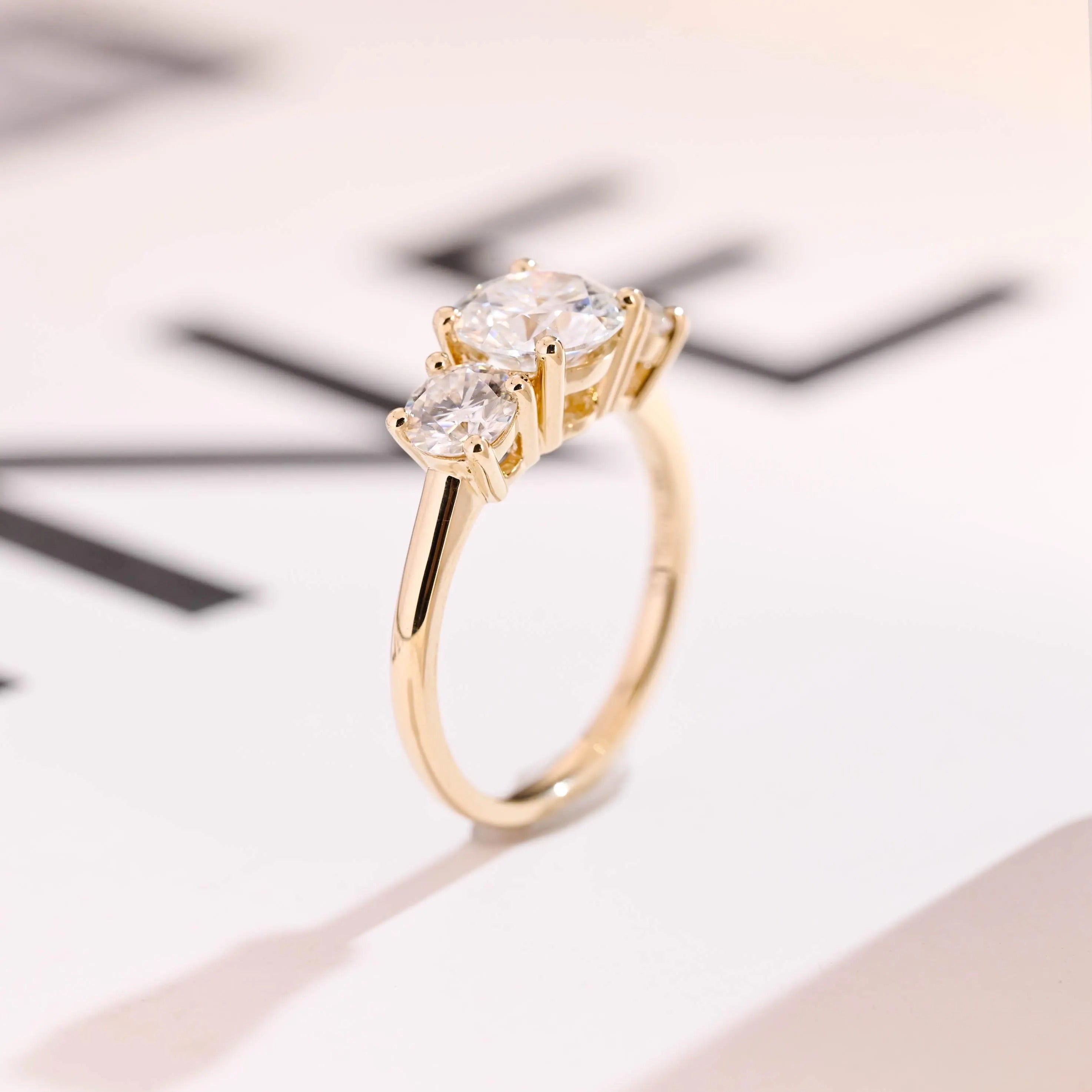 Solid Gold Three Stone Round Cut Moissanite Engagement Ring