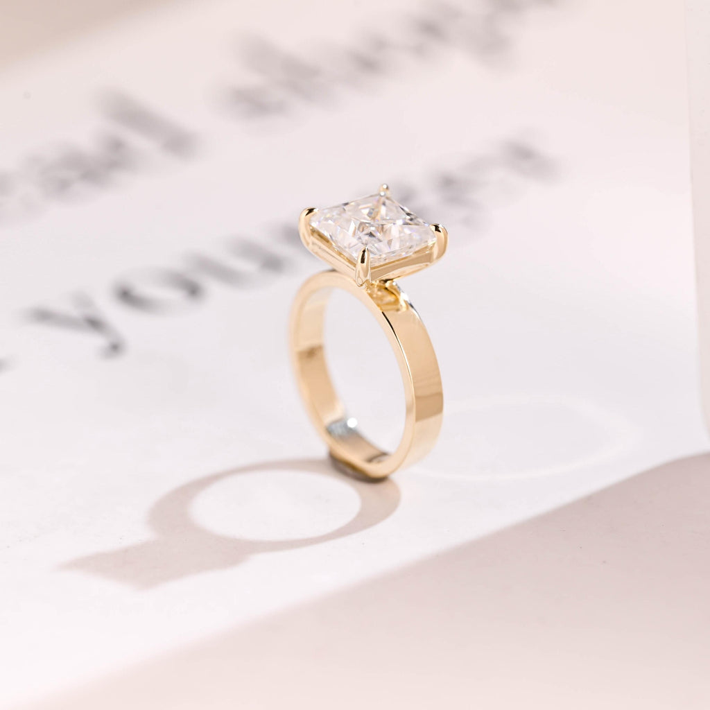 Solid Gold Princess Moissanite Engagement Ring, 3mm Wide Band Bridal Ring
