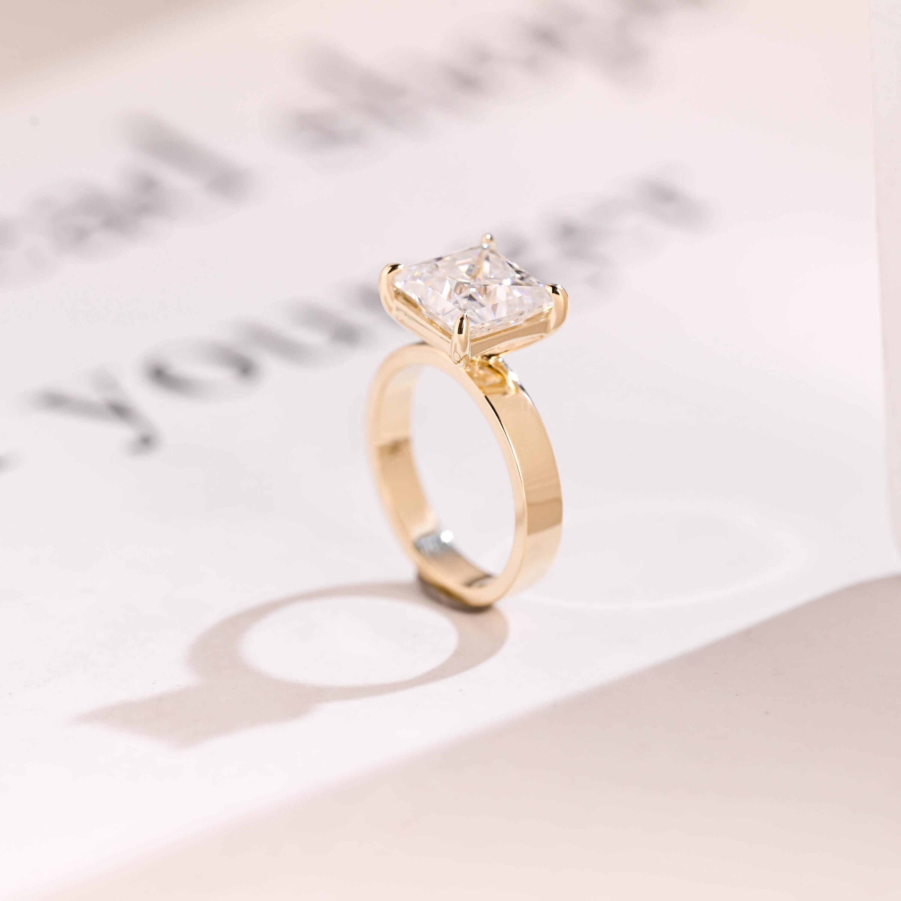 Solid Gold Princess Moissanite Engagement Ring, 3mm Wide Band Bridal Ring