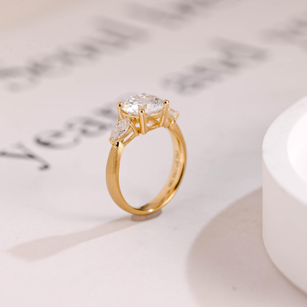 Solid Gold 3mm Width Three Stone Round Cut Moissanite Engagement Ring with Pear Accent