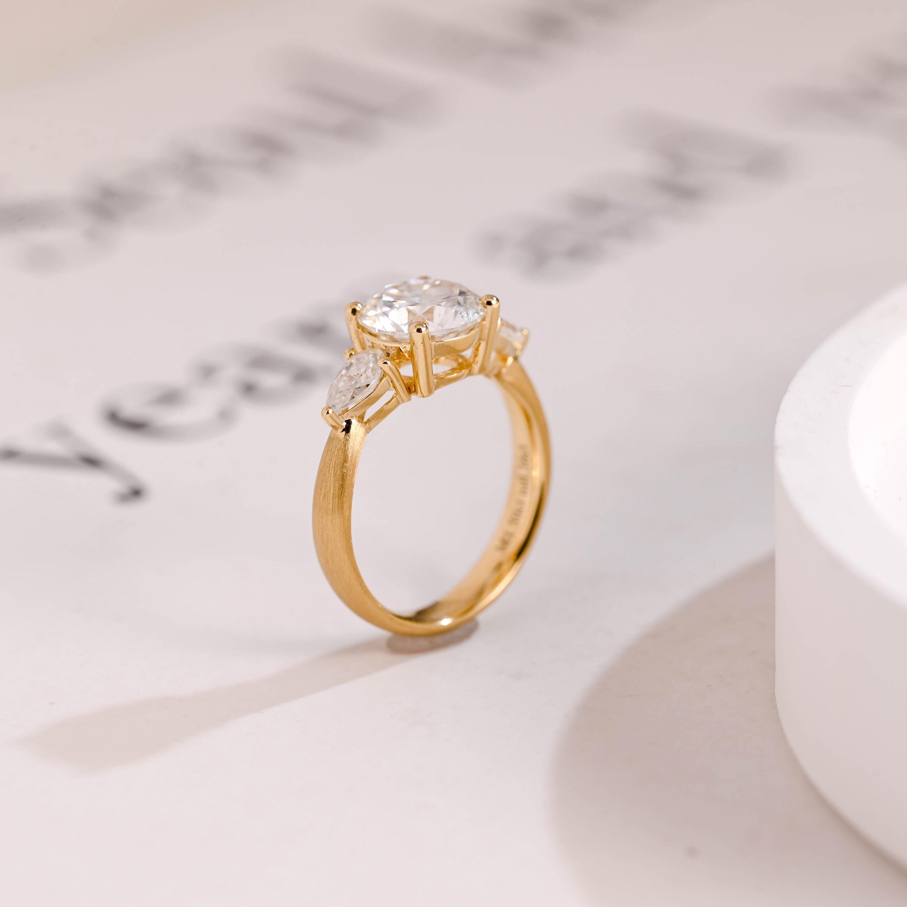 Solid Gold 3mm Width Three Stone Round Cut Moissanite Engagement Ring with Pear Accent