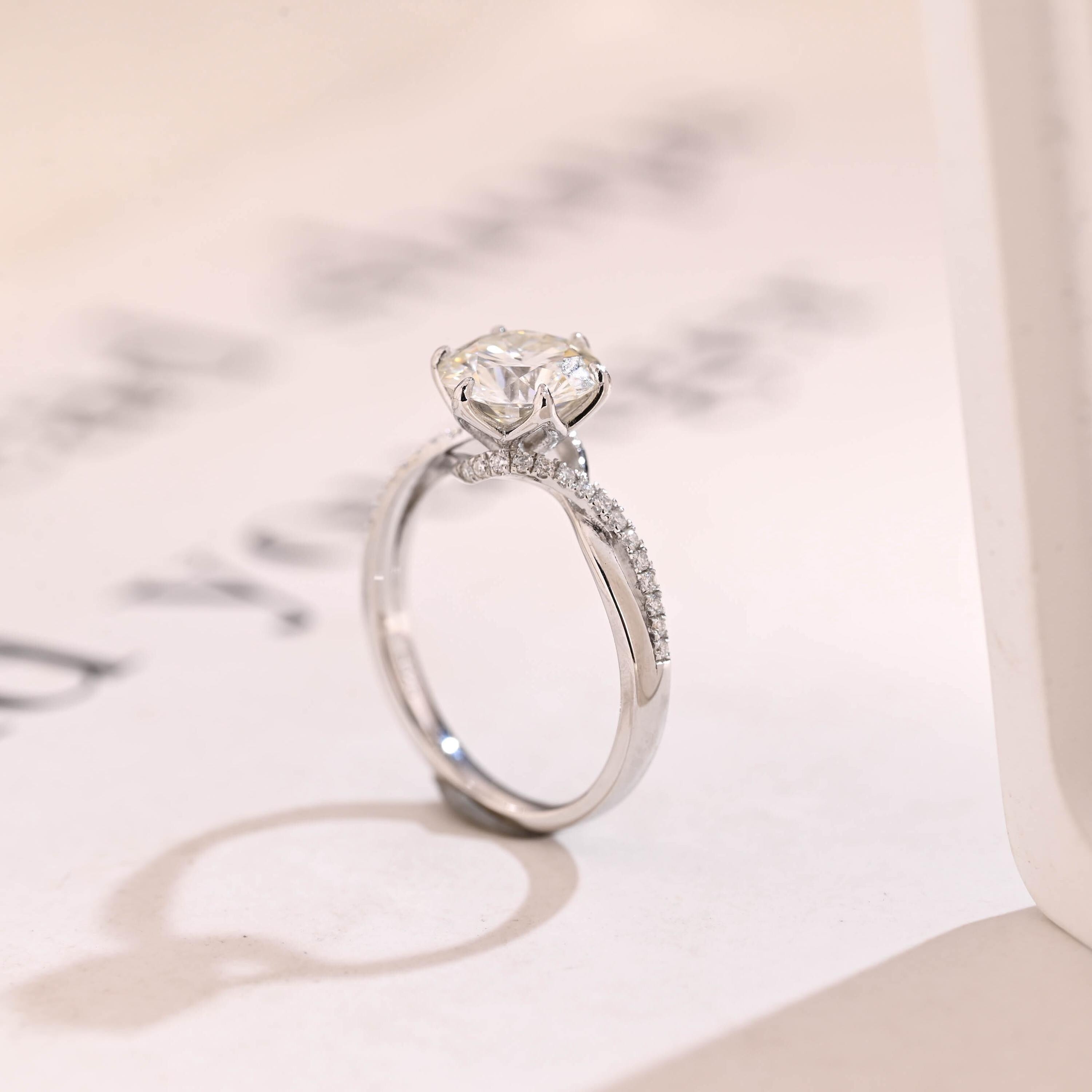 Solid Gold Floral Round Moissanite Engagement Ring, Twisted Band Anniversary Ring Secondary image