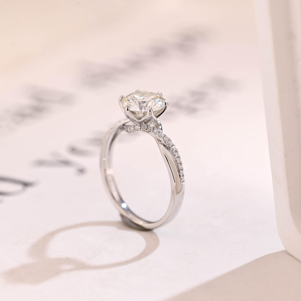 Solid Gold Floral Round Moissanite Engagement Ring, Twisted Band Anniversary Ring