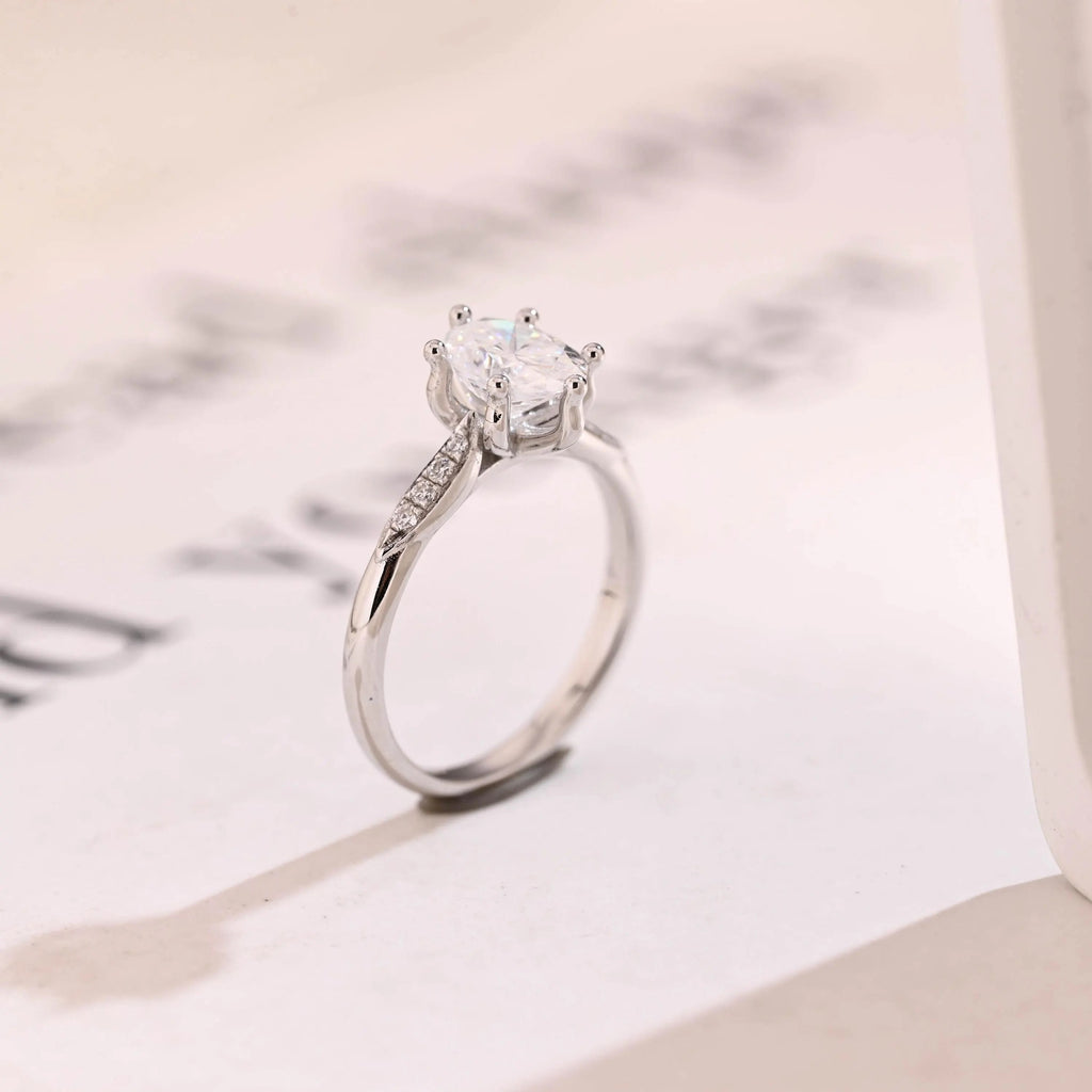 Solid Gold Oval Moissanite Engagement Ring, Half Eternity Promise Ring