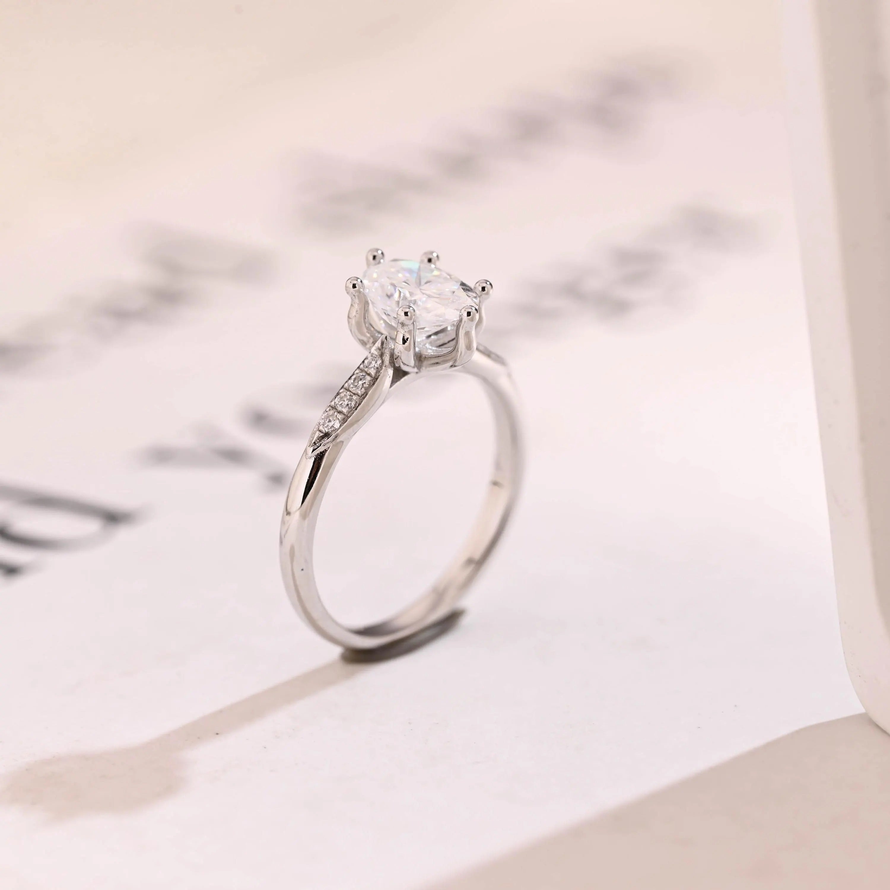 Solid Gold Oval Moissanite Engagement Ring, Half Eternity Promise Ring