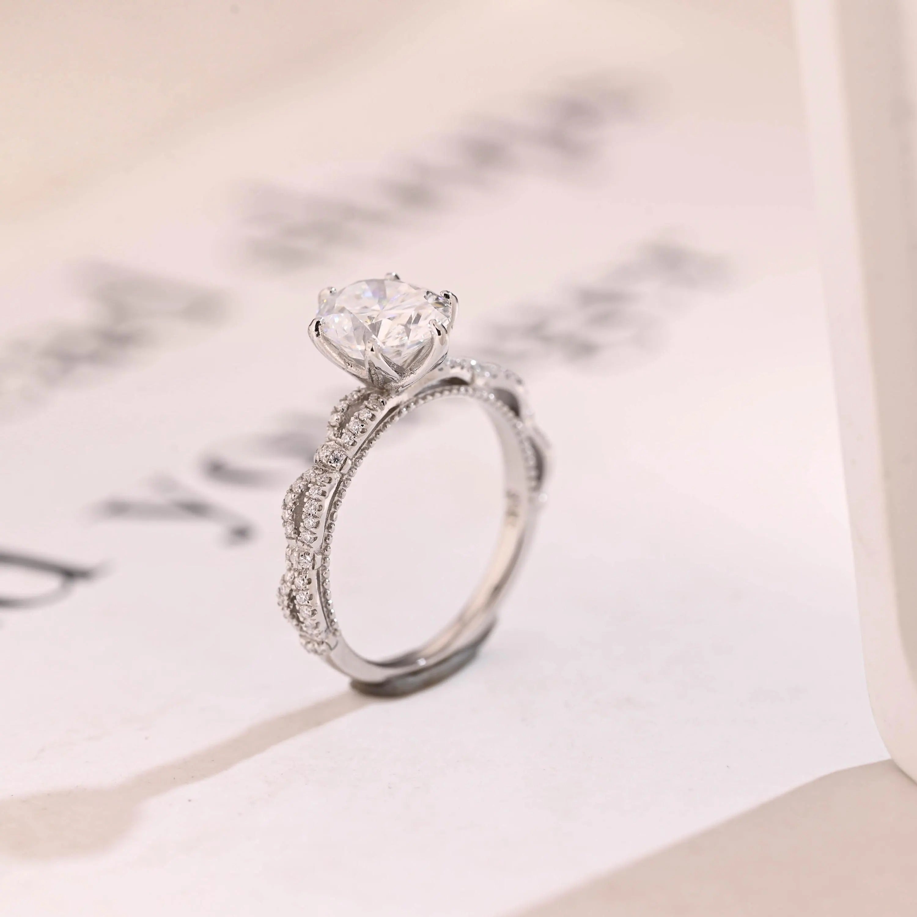 Solid Gold Oval Moissanite Tulip Flower Half Pave Engagement Ring Secondary image