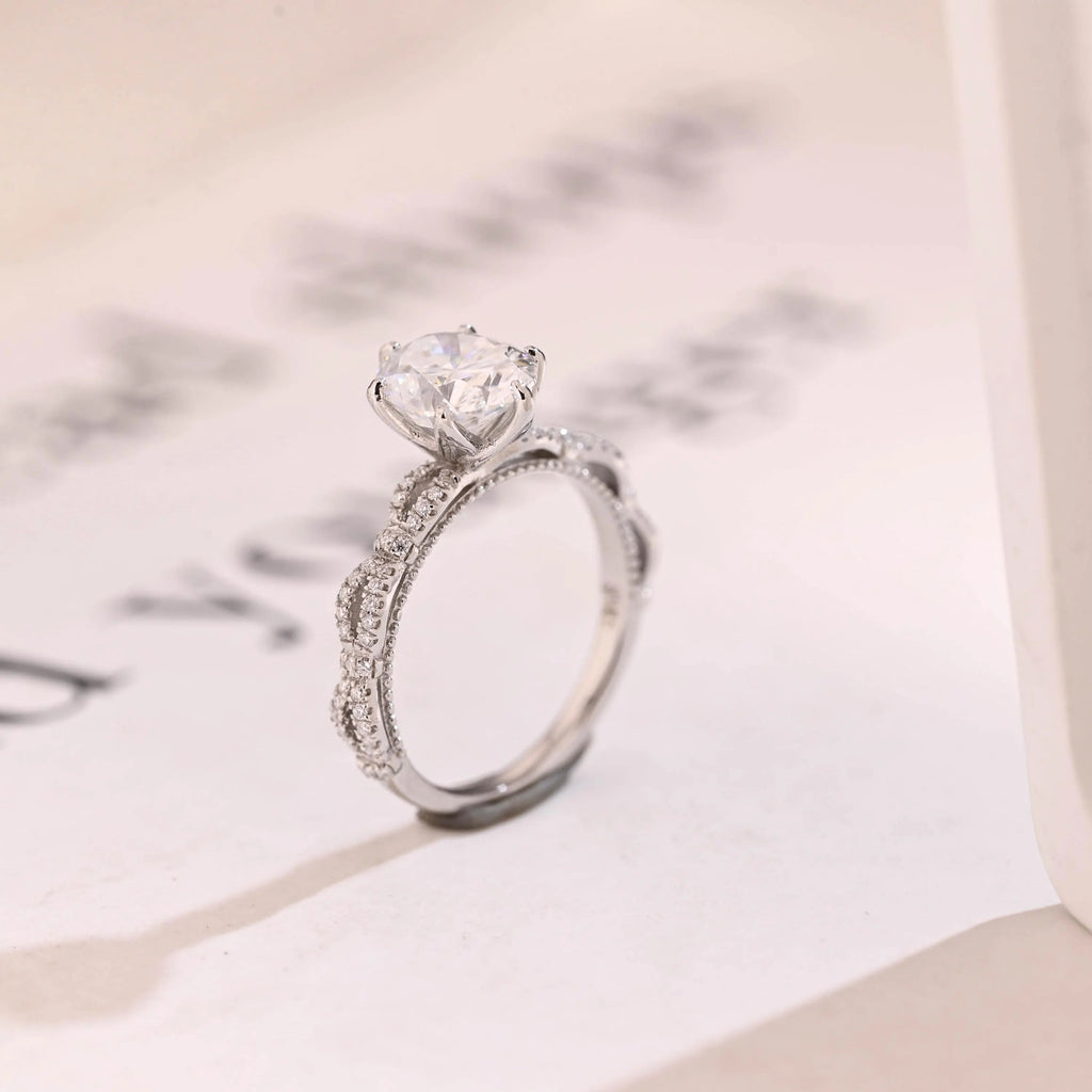 Solid Gold Oval Moissanite Tulip Flower Half Pave Engagement Ring