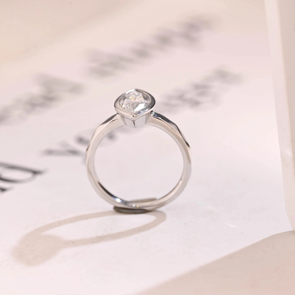 Solid Gold Marquise Moissanite Engagement Ring, Minimalist Bezel Ring