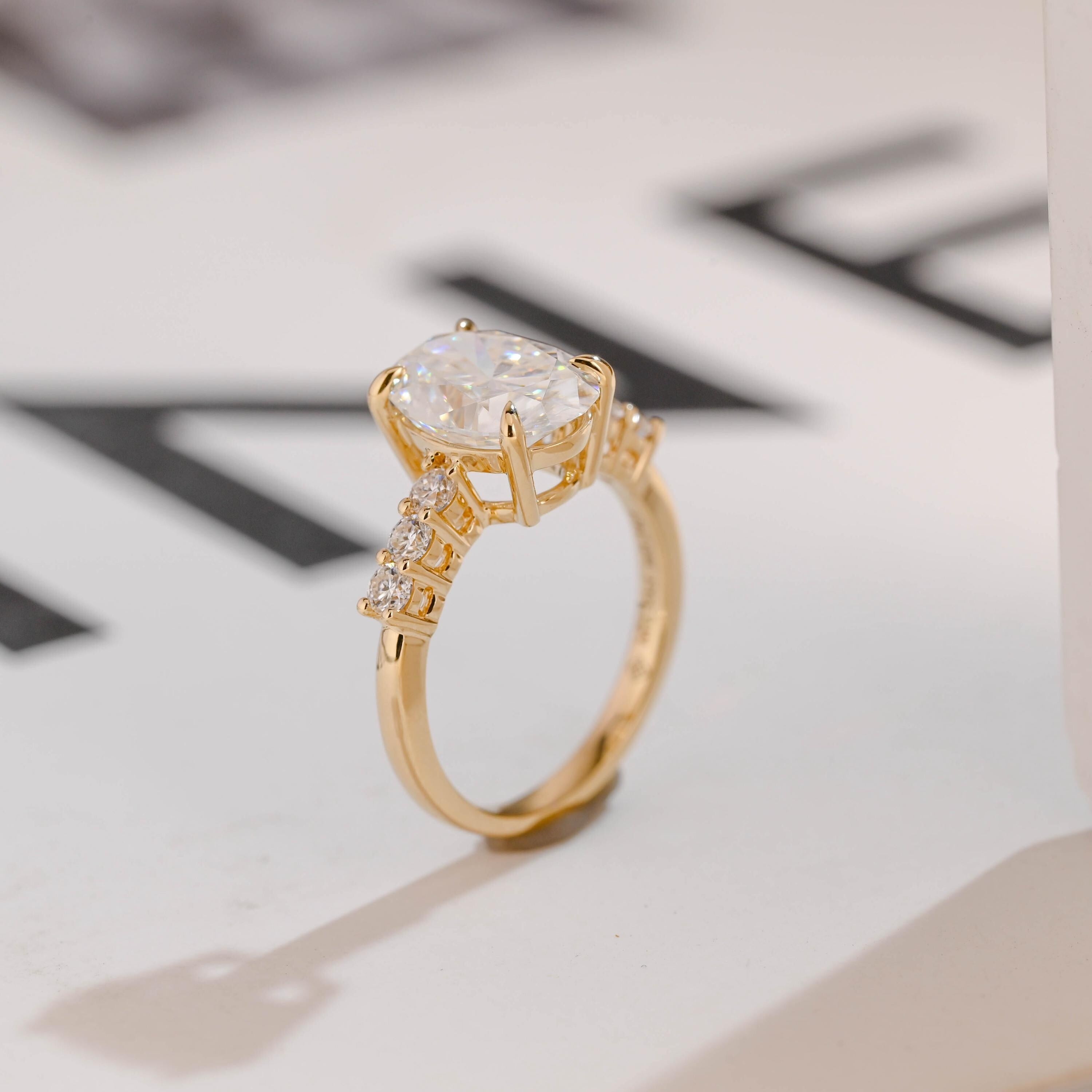 Solid Gold Oval Moissanite Engagement Ring, Half Eternity Promise Ring Secondary image