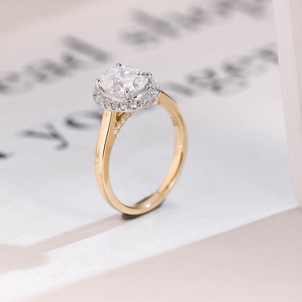 Solid Gold Oval Moissanite Engagement Ring, Two Tone Promise Ring