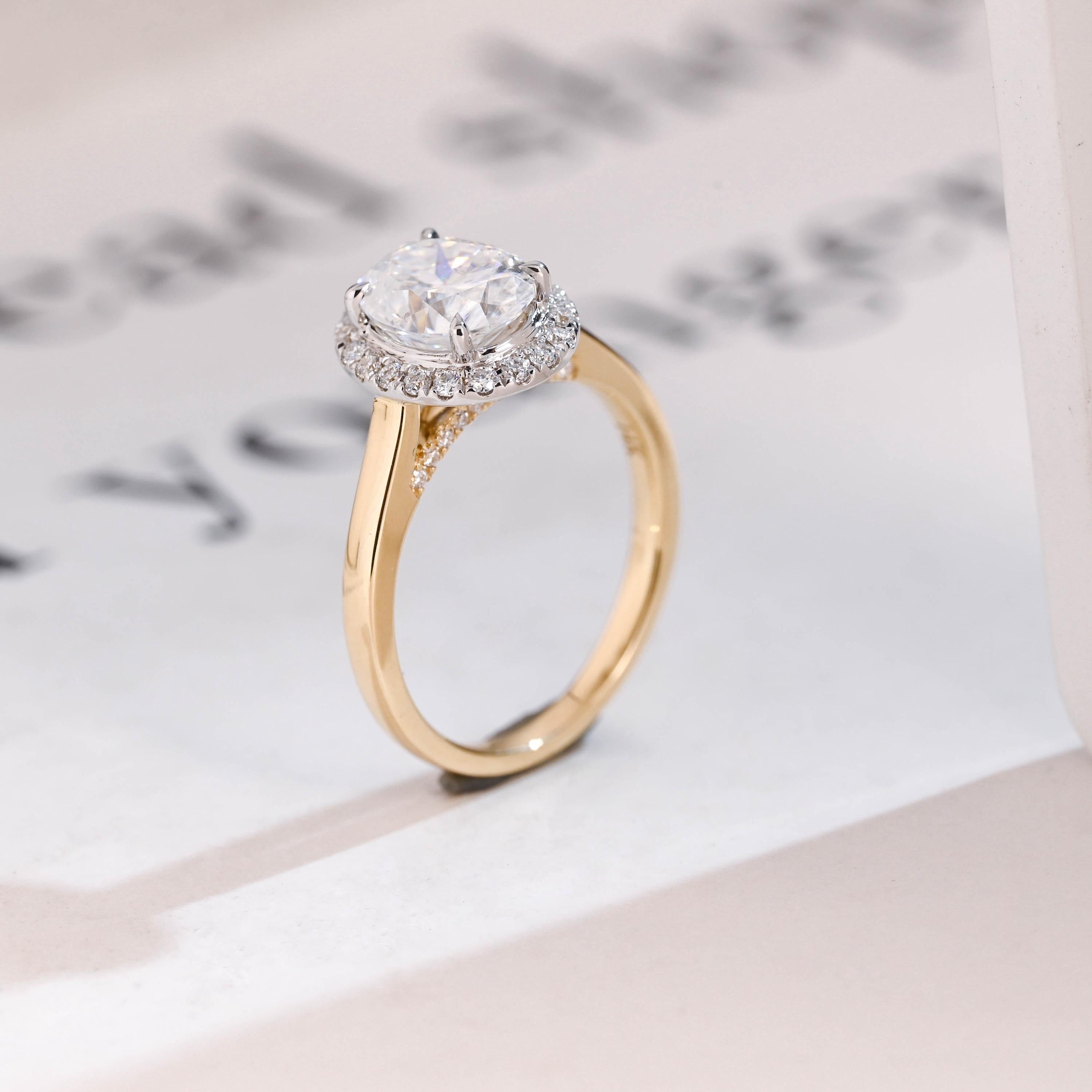 Solid Gold Oval Moissanite Engagement Ring, Two Tone Promise Ring