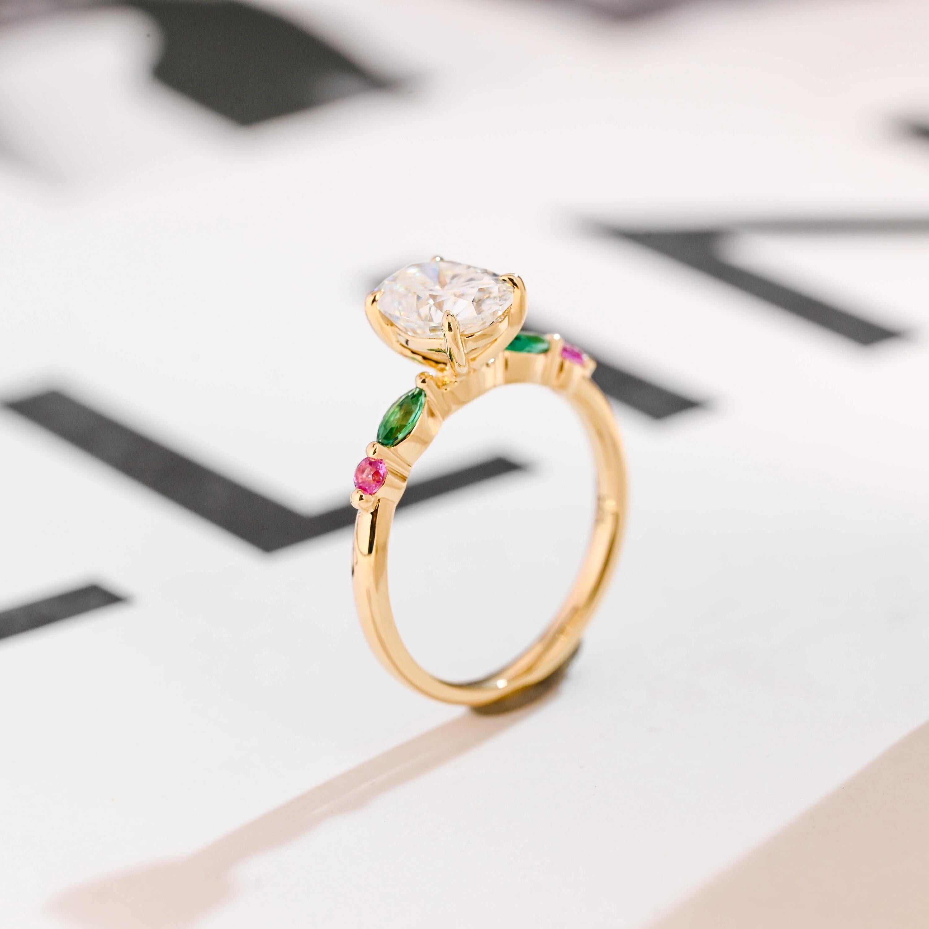 Solid Gold Oval Moissanite Engagement Ring with Ruby & Emerald