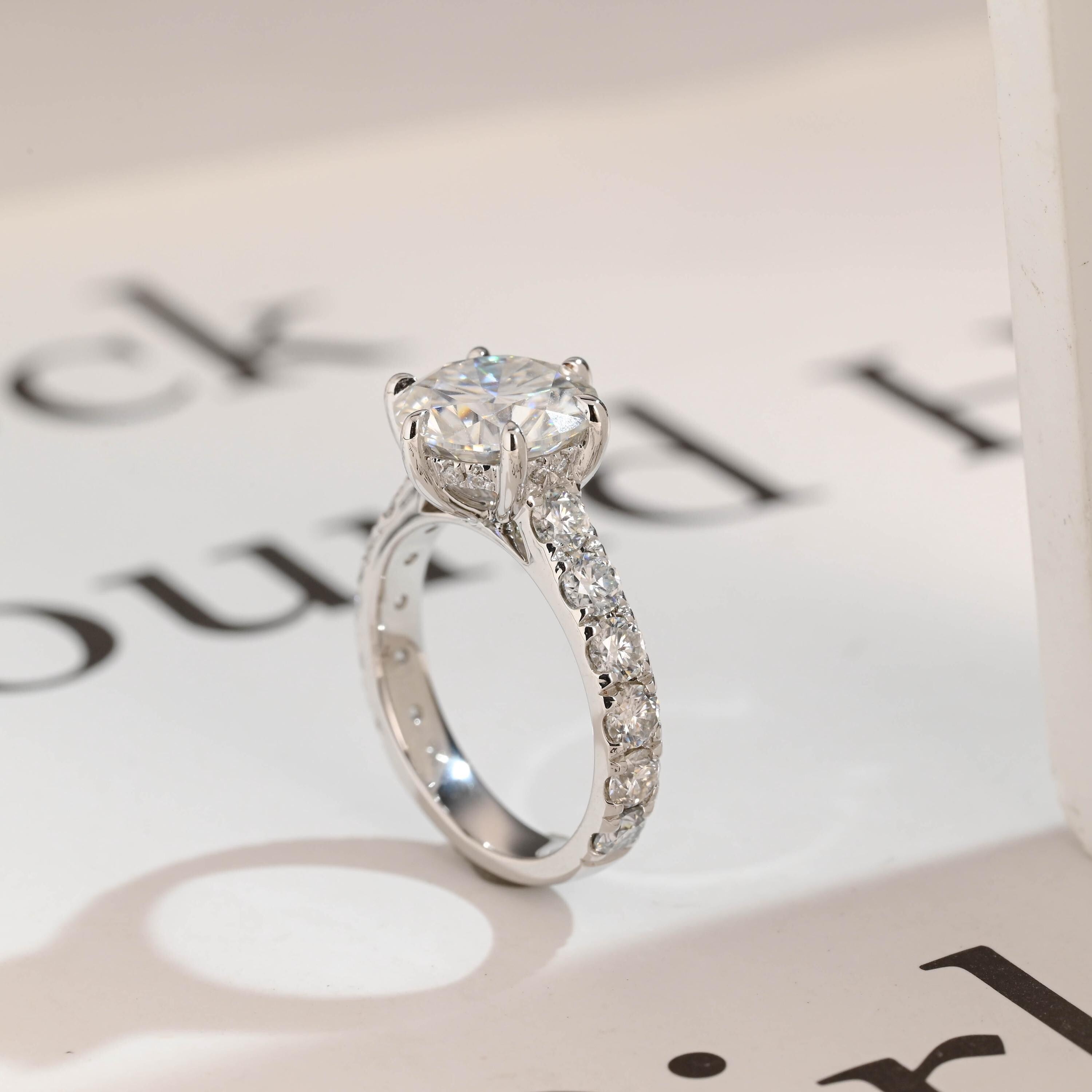 Solid Gold Round Moissanite Engagement Ring, 3.5mm Wide Band Ring Secondary image