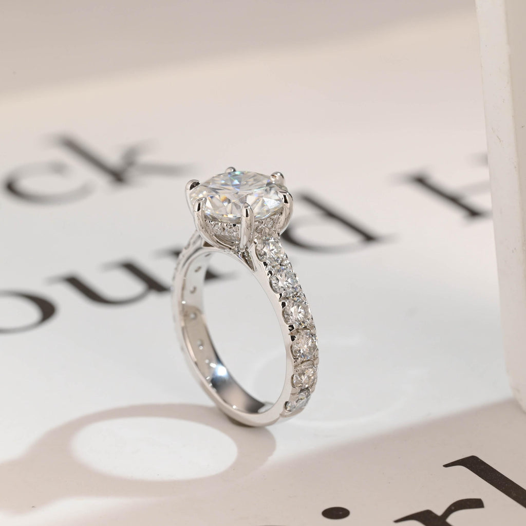 Solid Gold Round Moissanite Engagement Ring, 3.5mm Wide Band Ring
