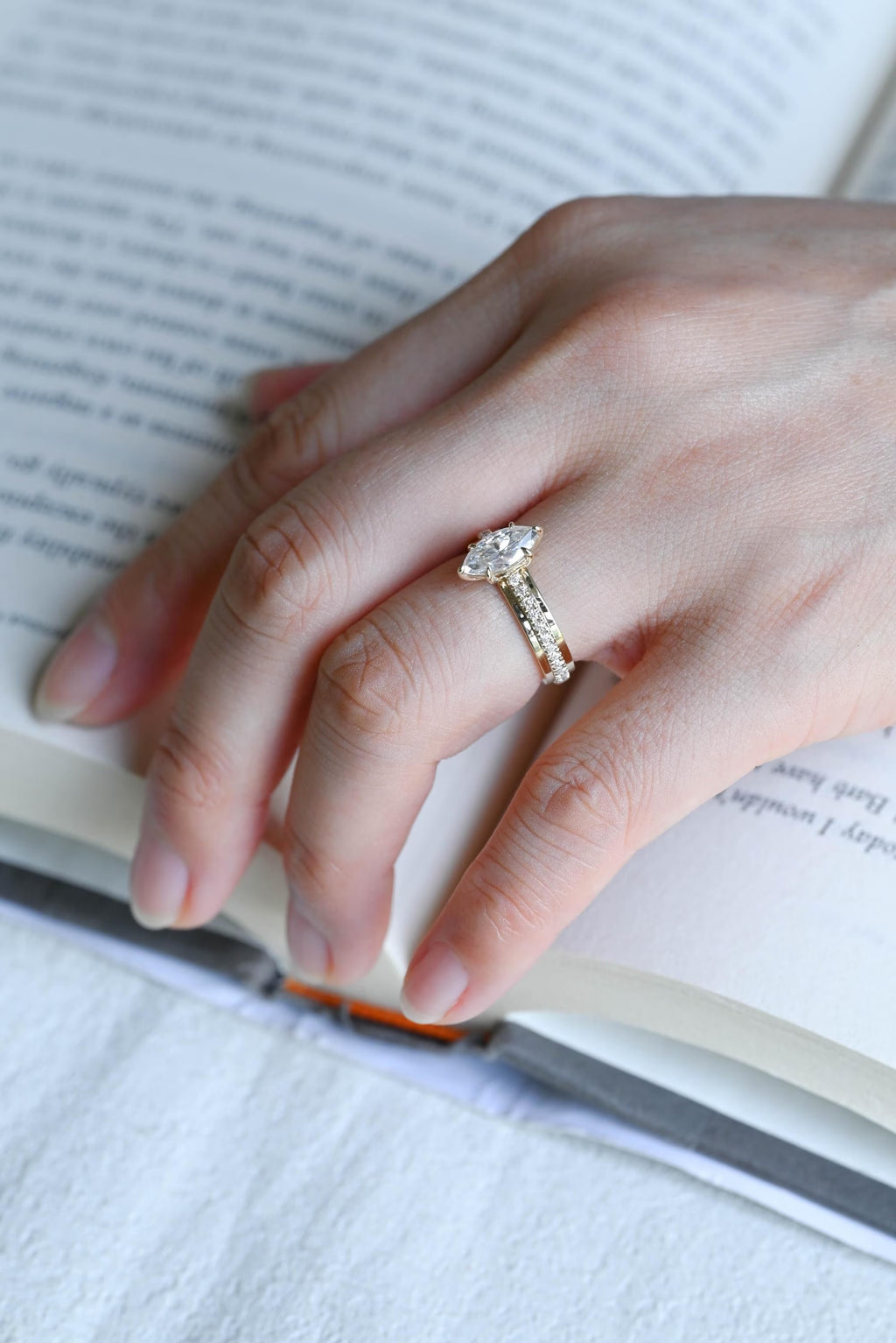 Solid Gold 4mm Wide Band, Marquise Moissanite Engagement Ring