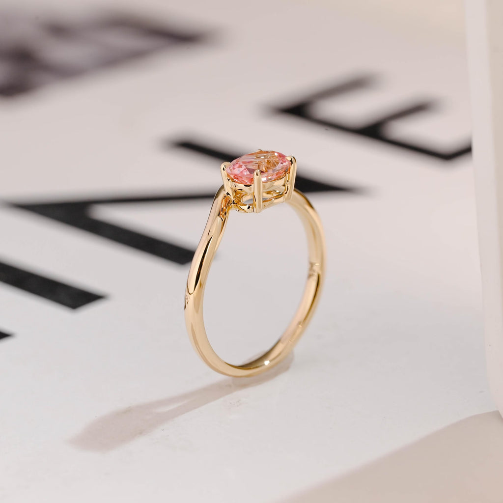 Solid Gold Oval Cut Moissanite Pink Sapphire Engagement Ring, Promise Ring