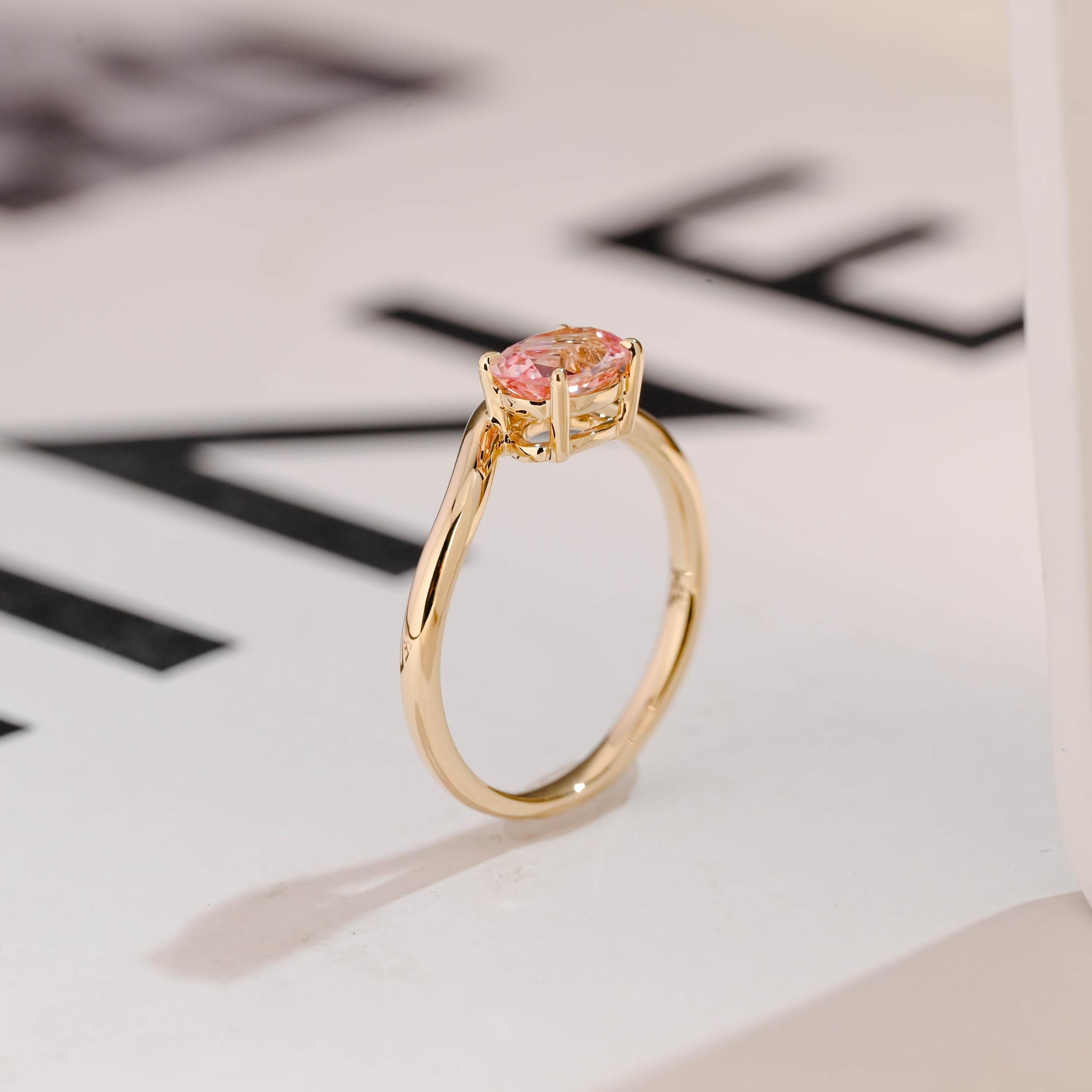 Solid Gold Oval Cut Moissanite Pink Sapphire Engagement Ring, Promise Ring