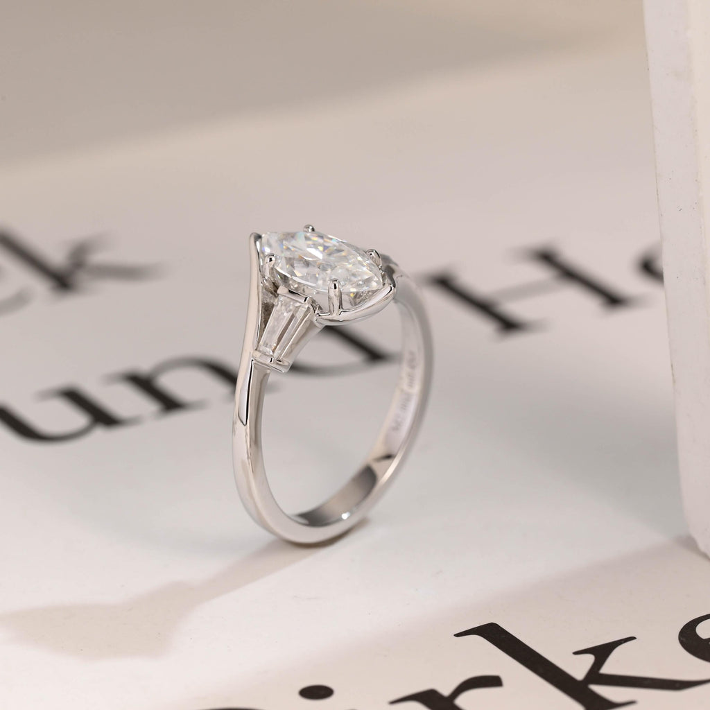 Solid Gold Marquise Moissanite Engagement Ring, Bezel Three Stone Ring