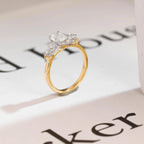 Solid Gold Oval Moissanite Engagement Ring, Three Stone Promise Ring