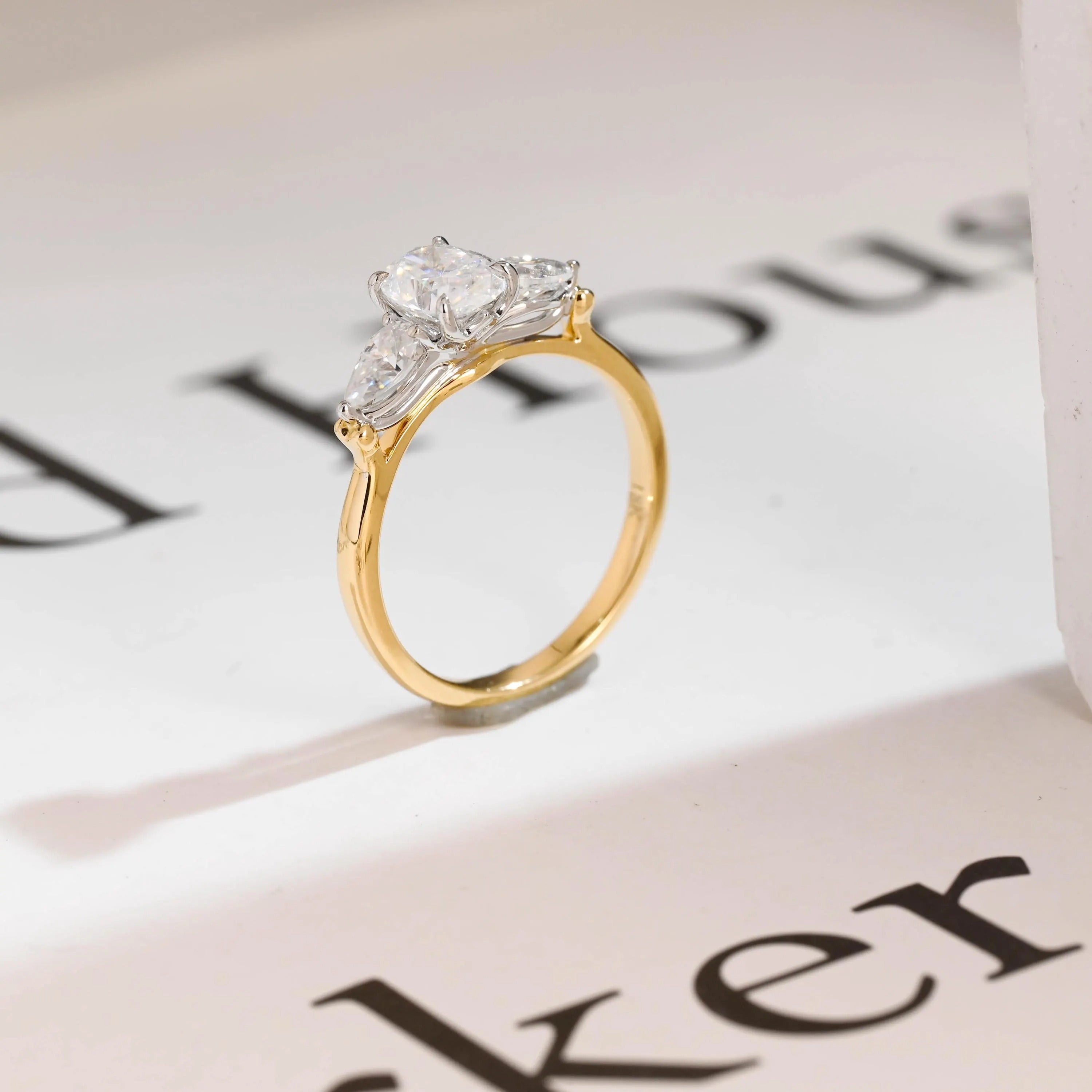 Solid Gold Oval Moissanite Engagement Ring, Three Stone Promise Ring