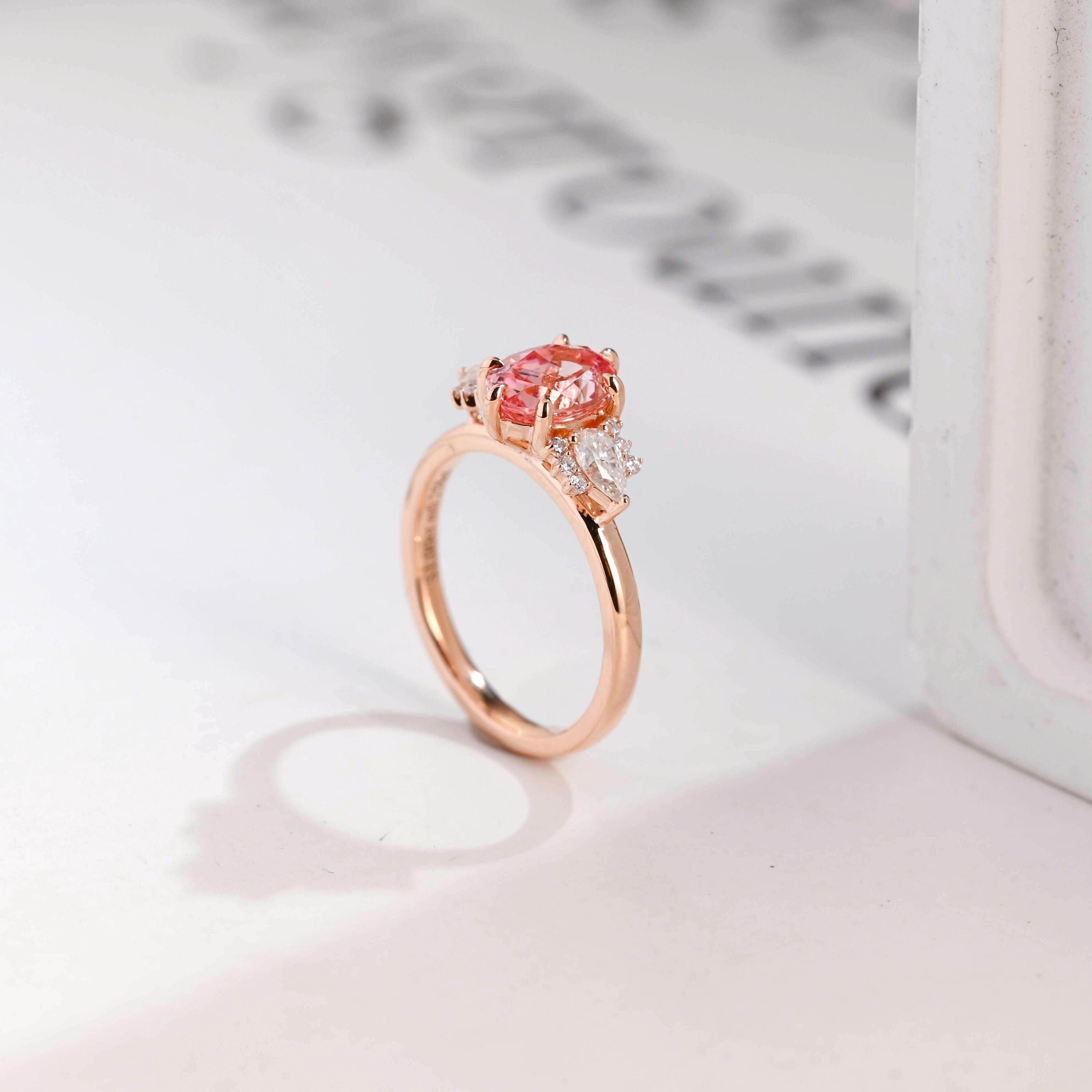 Solid Gold Oval Cut Pink Moissanite Sapphire Engagement Ring, Three Stone Ring Secondary image