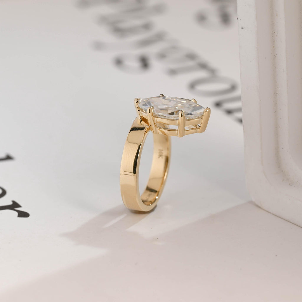 Solid Gold 3.5mm Wide Band Marquise Moissanite Engagement Ring