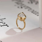 Solid Gold Pear Moissanite Engagement Ring, Bezel Set Brushed Finish