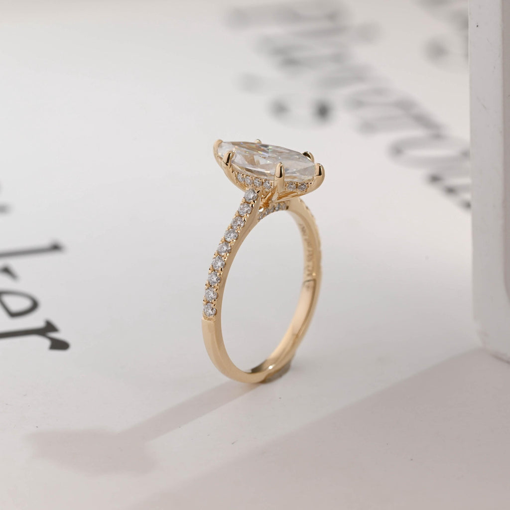Solid Gold Marquise Marquise Moissanite Ring, Cathedral Half Eternity Ring