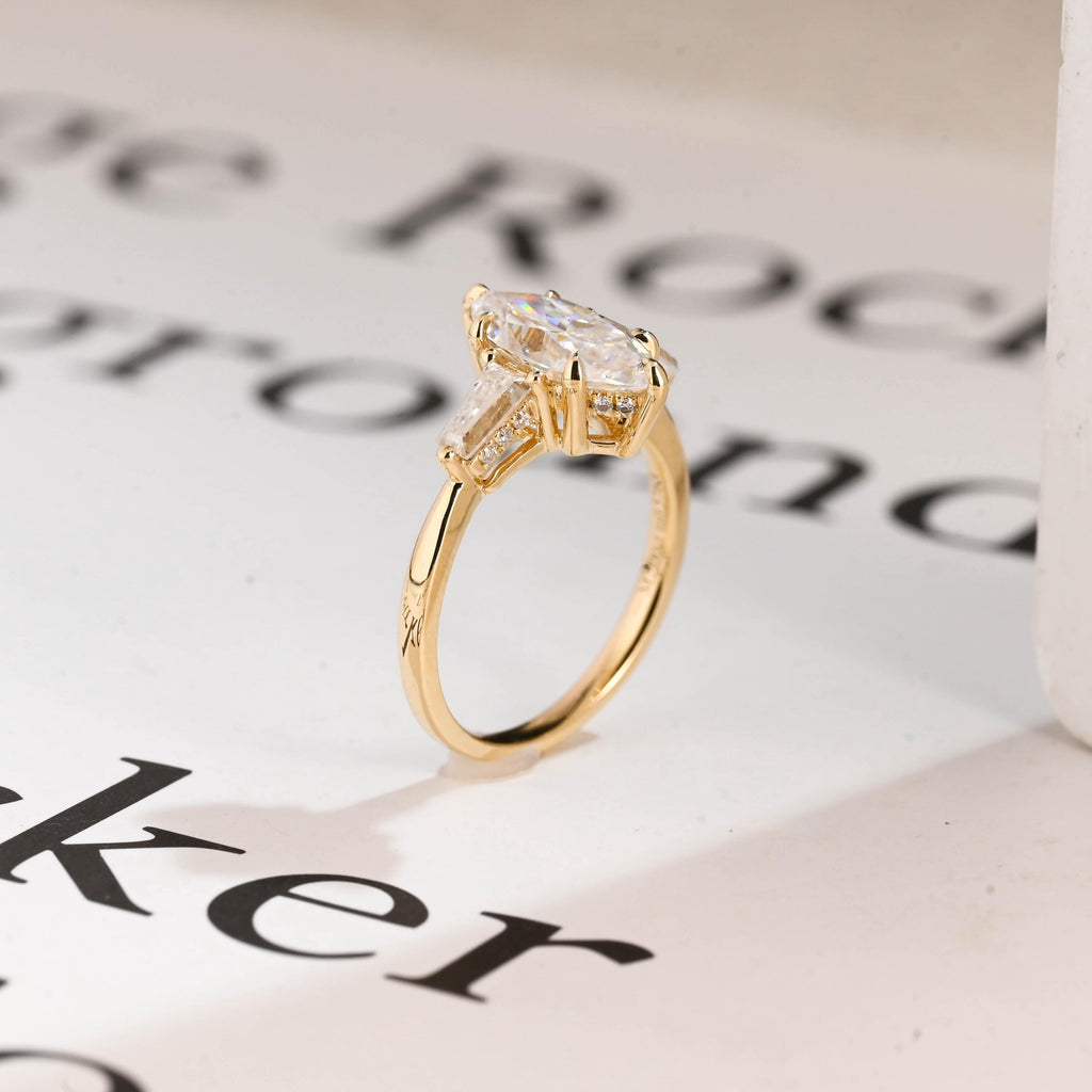 Solid Gold Three Stone Ring, Marquise Moissanite Engagement Ring