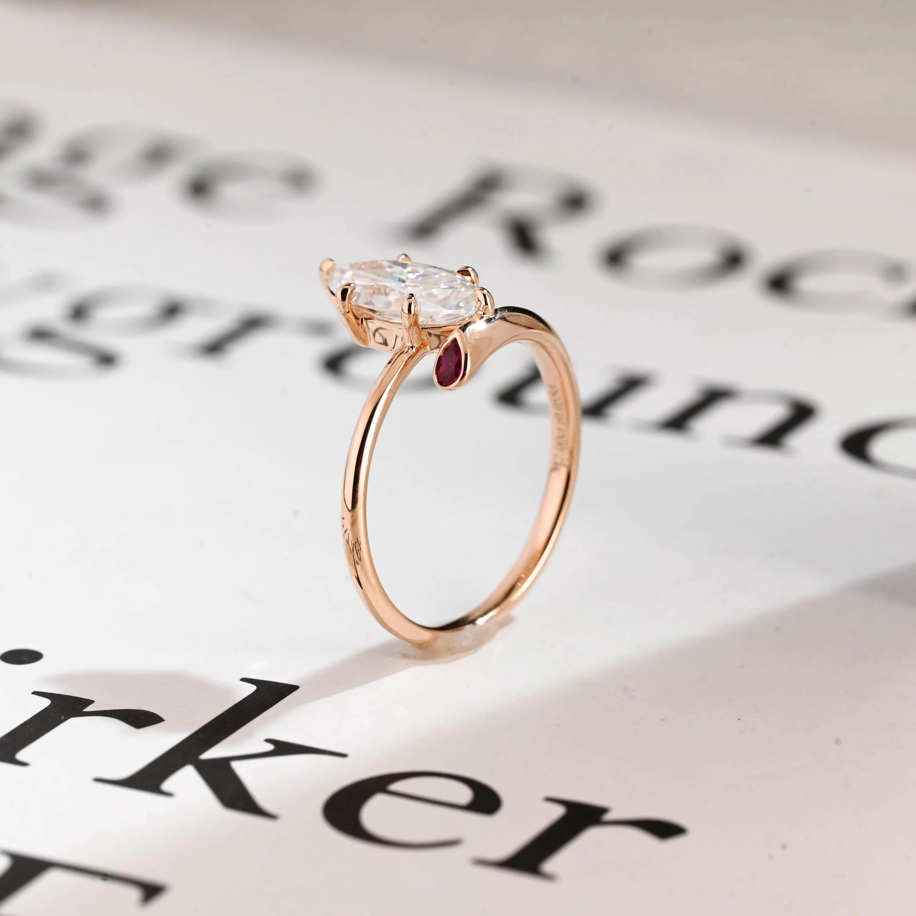 Solid Gold Marquise Cut Moissanite Engagement Ring, Open Shank Ring