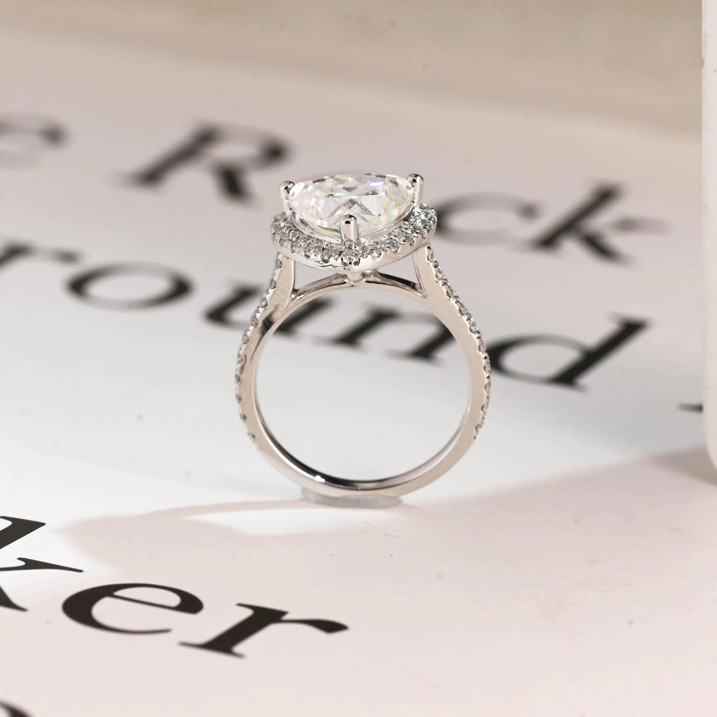 Solid Gold Trillion Cut Moissanite Engagement Ring, Halo Triangle Wedding Ring