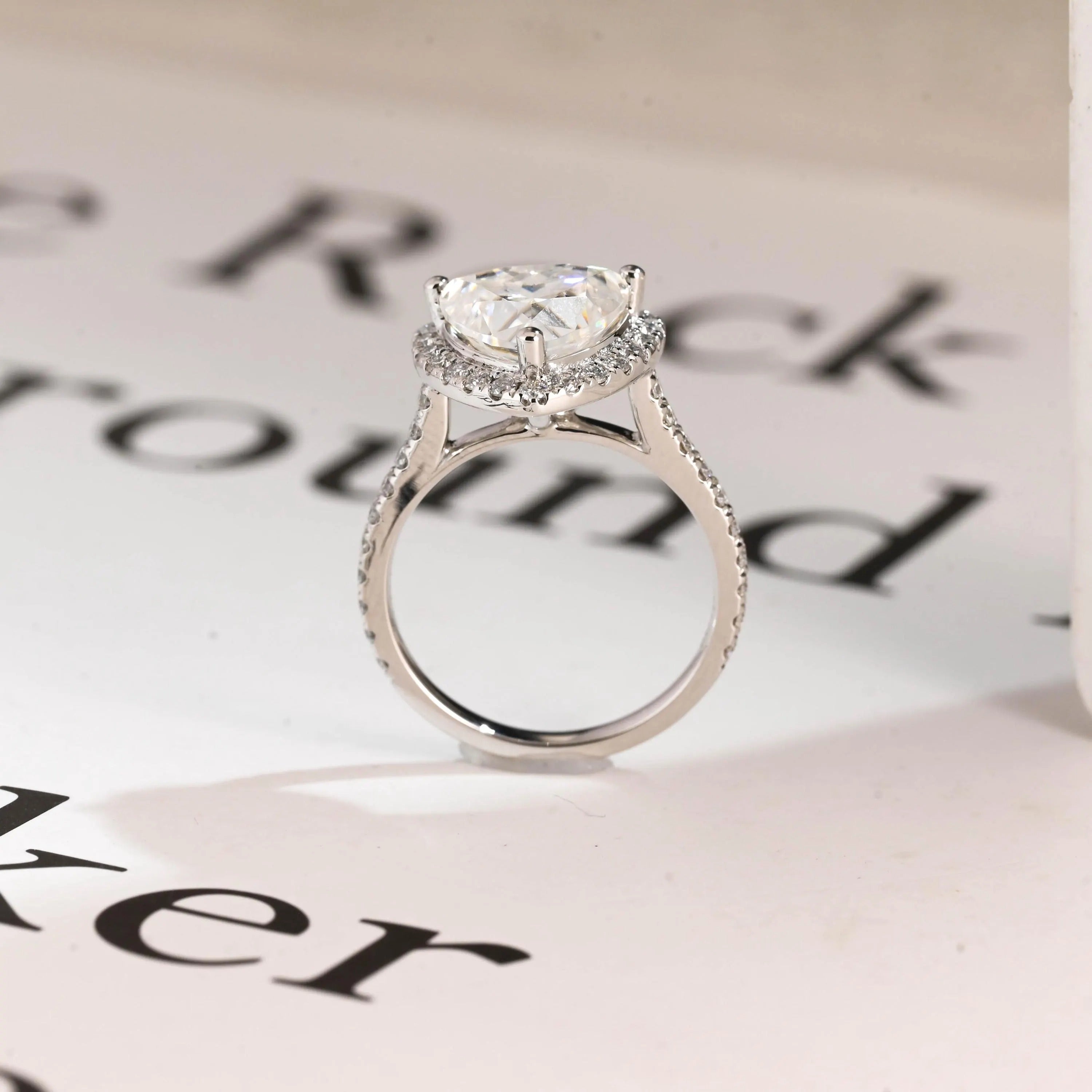 Solid Gold Trillion Cut Moissanite Engagement Ring, Halo Triangle Wedding Ring