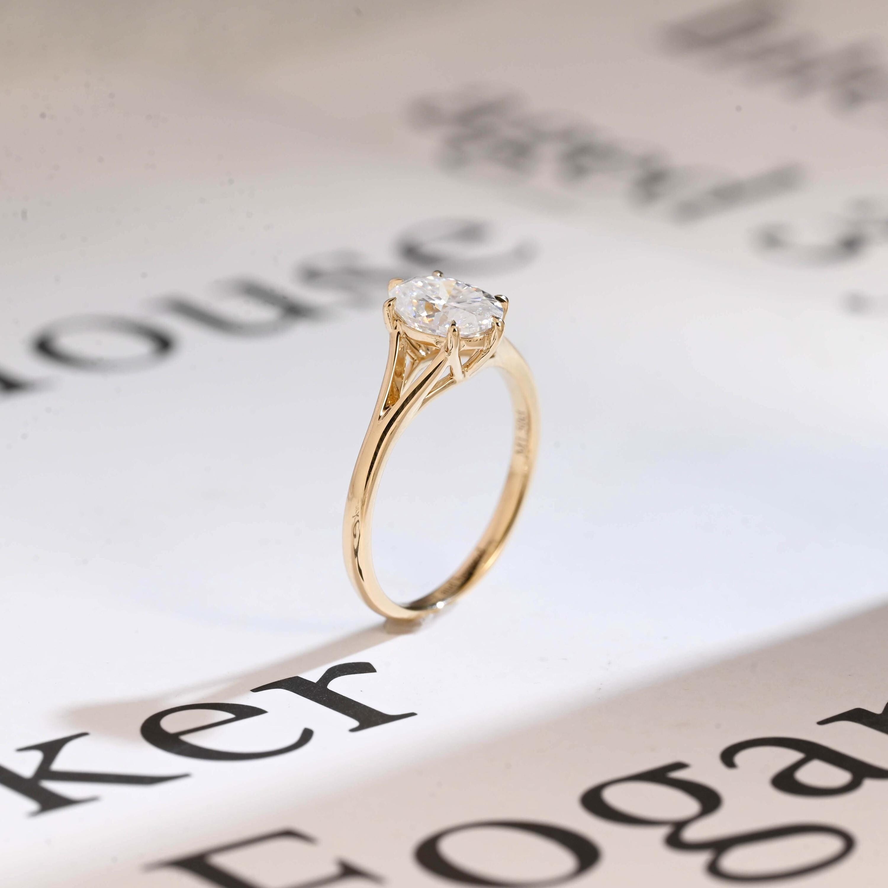 Solid Gold Six Prongs Oval Moissanite Engagement Ring with Bar, Promise Ring Secondary image