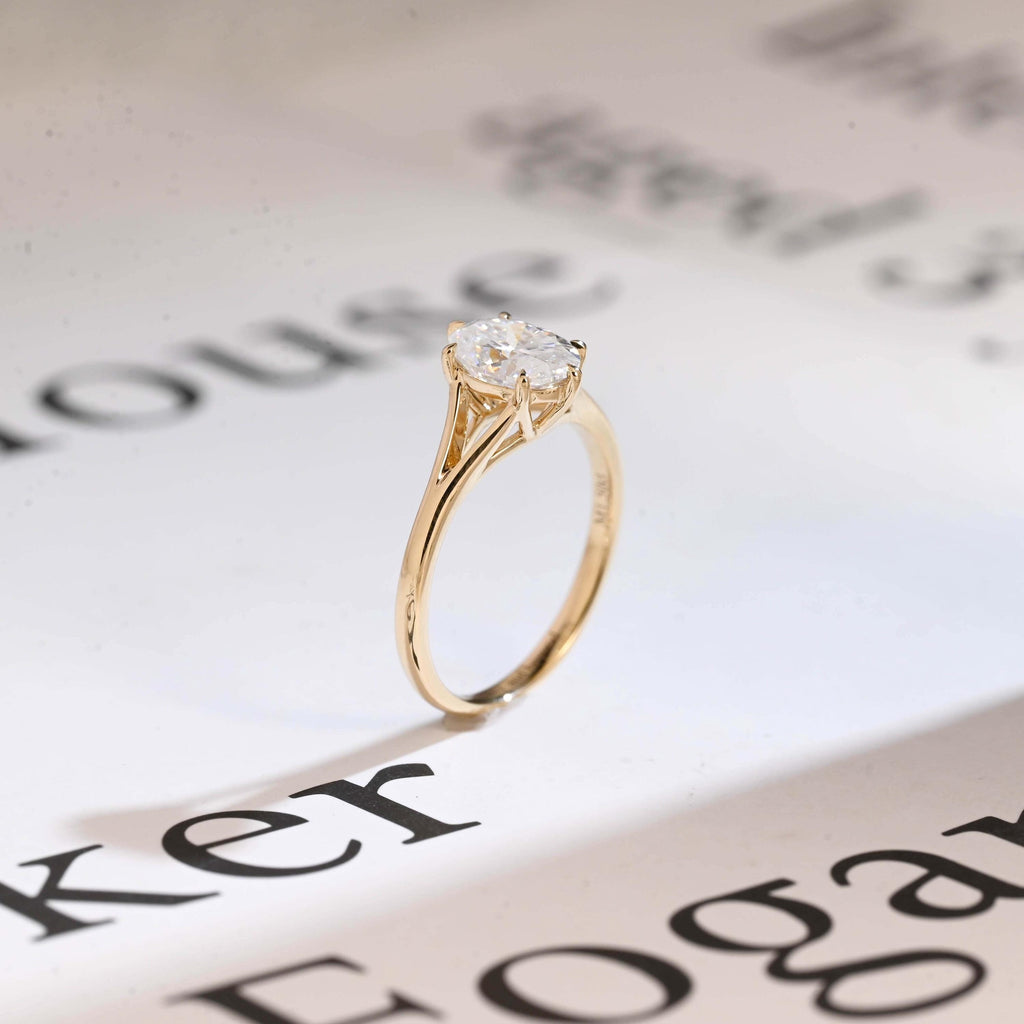 Solid Gold Six Prongs Oval Moissanite Engagement Ring with Bar, Promise Ring