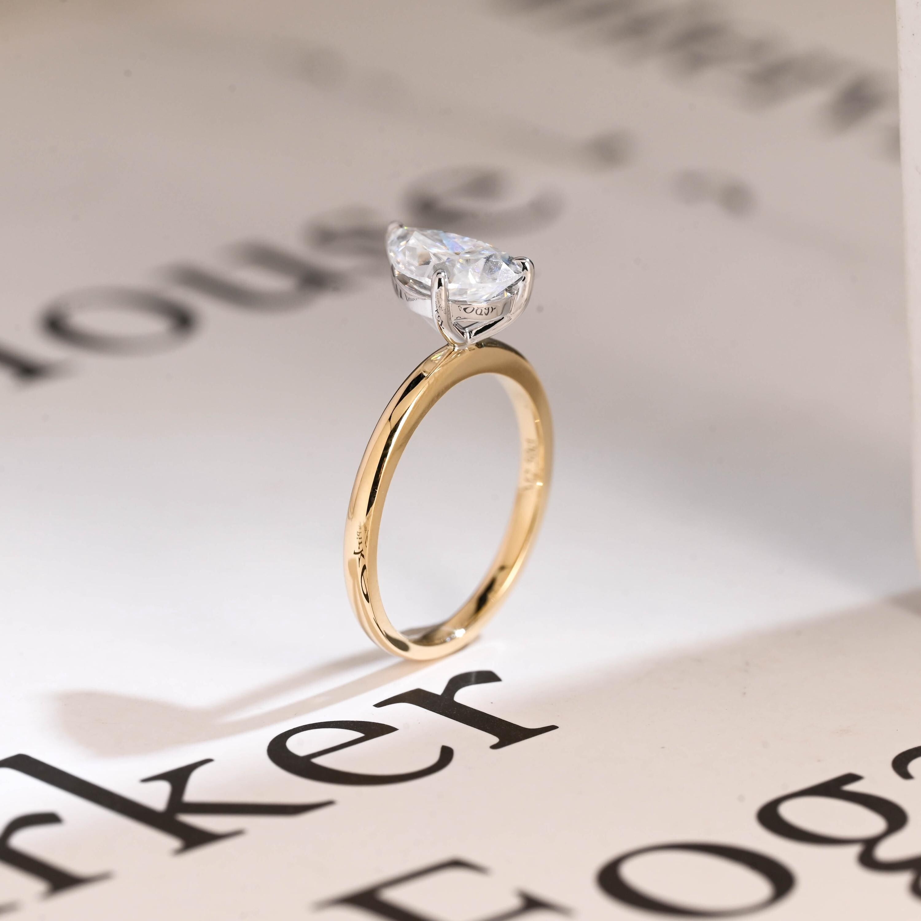 Solid Gold Two Tone Pear Cut Moissanite Engagement Ring, Unique Anniversary Ring