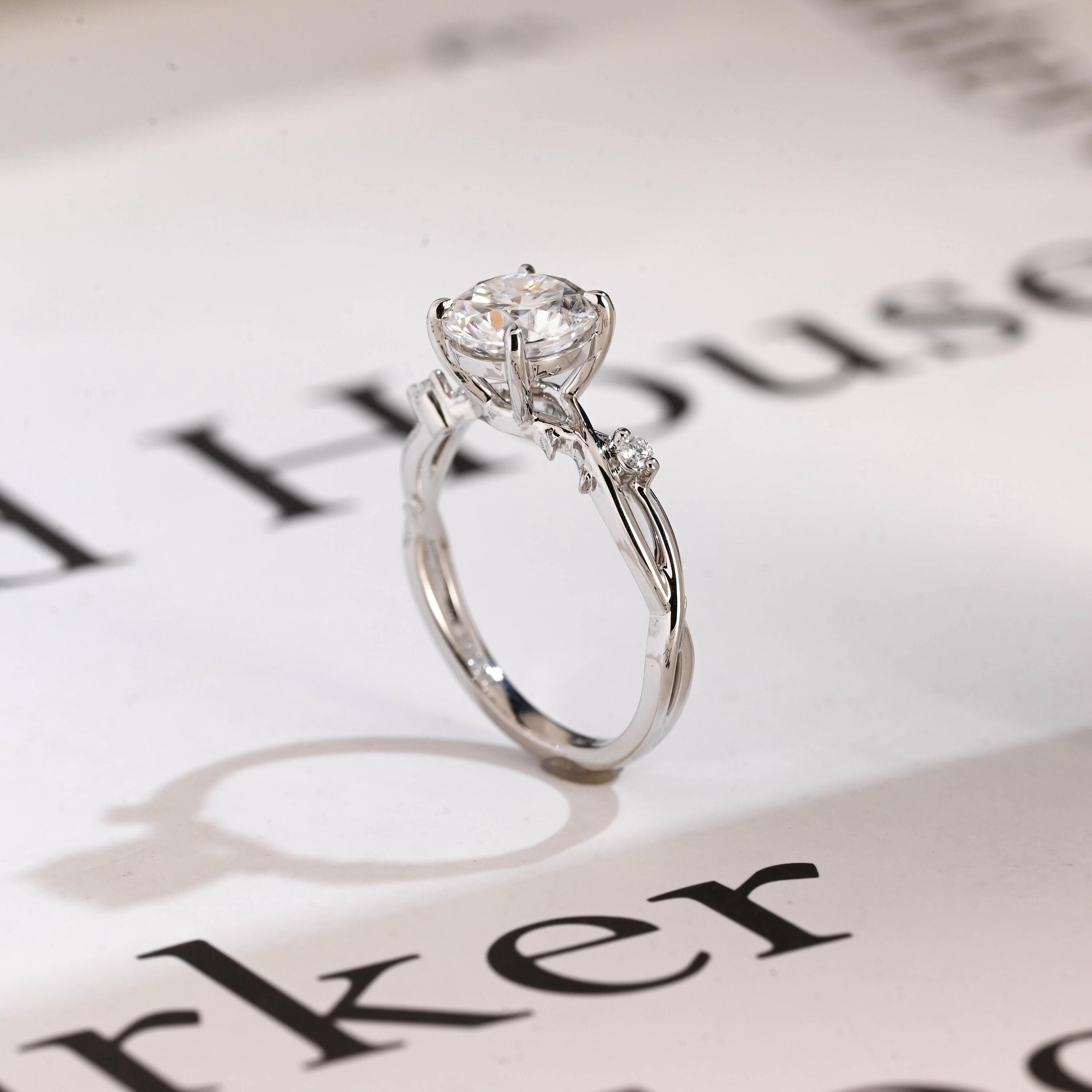 Solid Gold Round Cut Moissanite Engagement Ring, Twisted Band Ring Secondary image