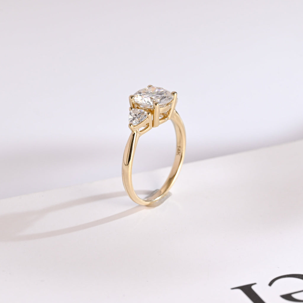 Solid Gold Three Stone Round Cut Moissanite Engagement Ring with Trillion Accent
