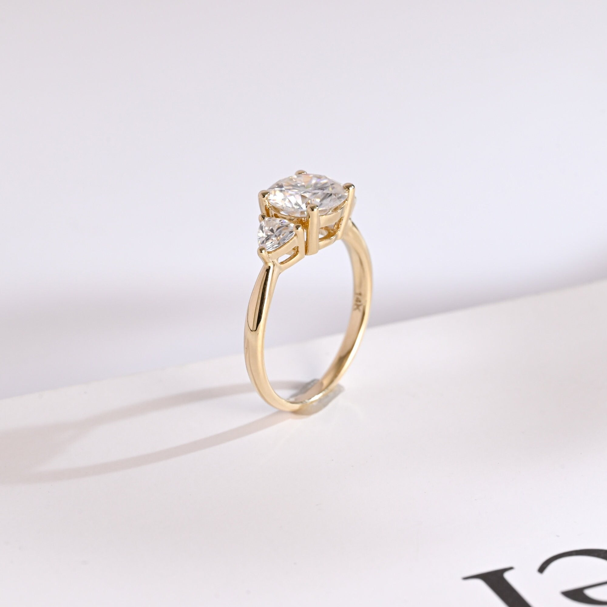 Solid Gold Three Stone Round Cut Moissanite Engagement Ring with Trillion Accent