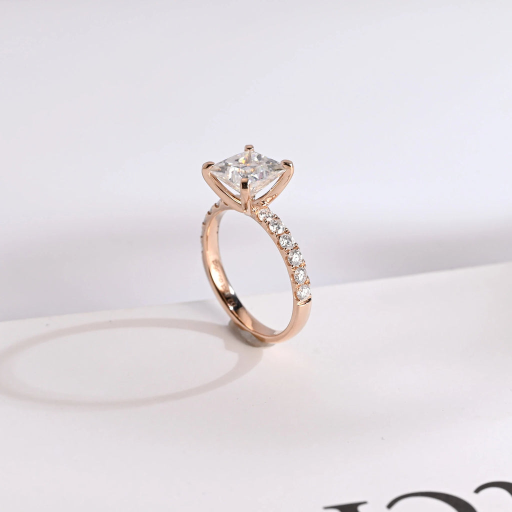 Solid Gold Princess Cut Moissanite Engagement Ring, Anniversary Gift for Her