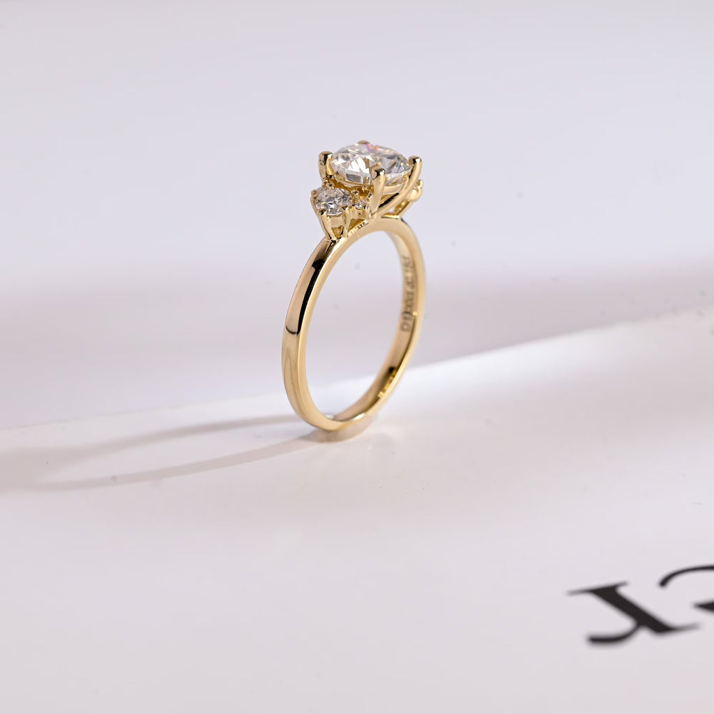 Solid Gold Three Stone Ring, Round Cut Moissanite Engagement Ring