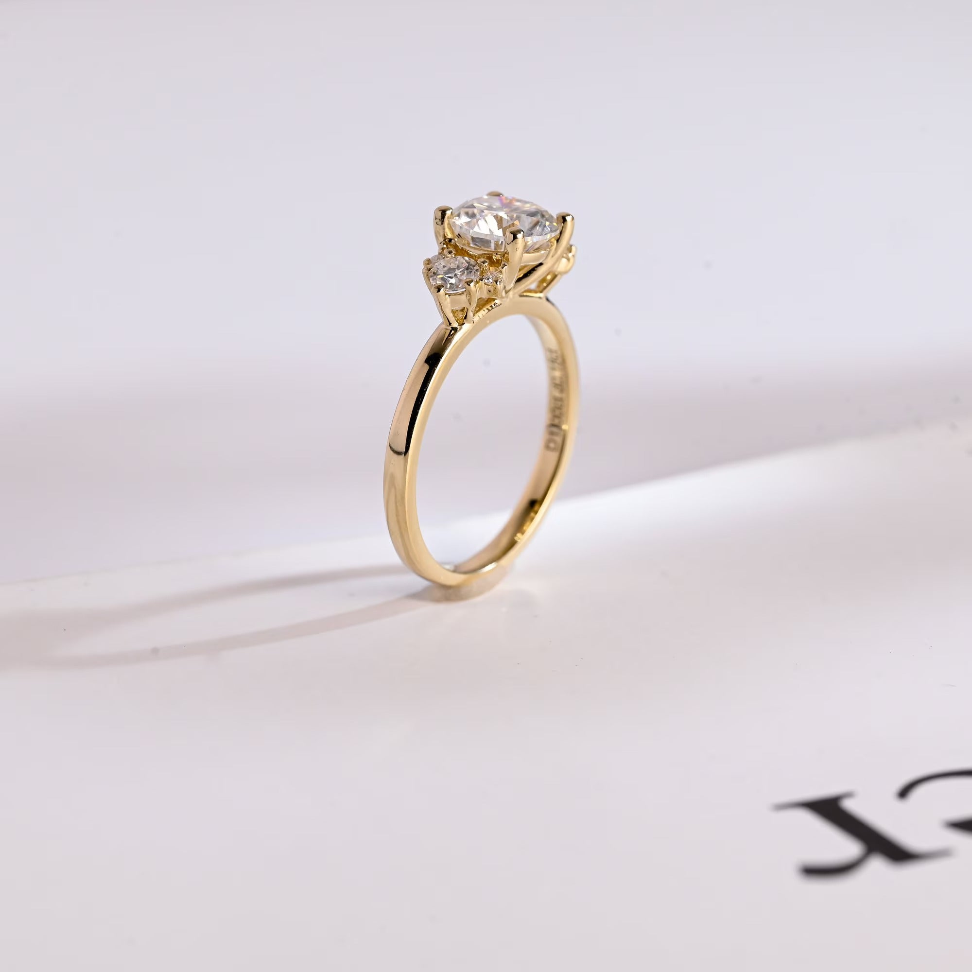 Solid Gold Three Stone Ring, Round Cut Moissanite Engagement Ring